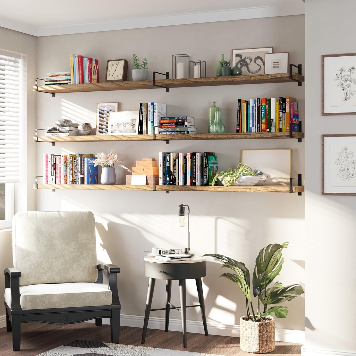 Wallniture Toledo 84 inch Floating Shelf with Heavy Duty Bookend Brackets, Wooden Shelves for Wall, 1pc, Burnt Finish