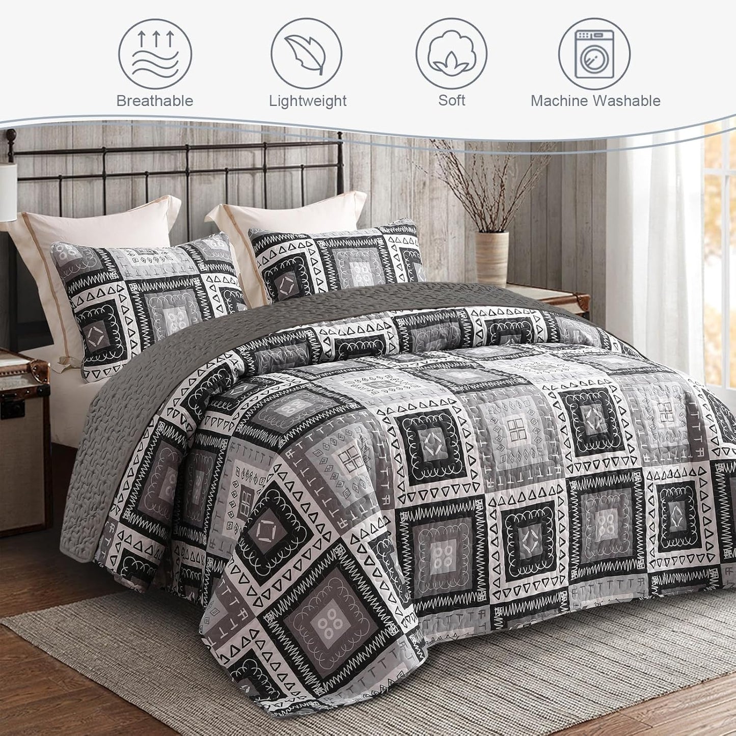 Exclusivo Mezcla Reversible Boho Quilt Set Queen Size, 3 Pieces Patchwork Black All Season Bedspreads, Ultra Soft Floral Coverlet Bedding Set with Printed Pattern (1 Quilt, 2 Pillow Shams)