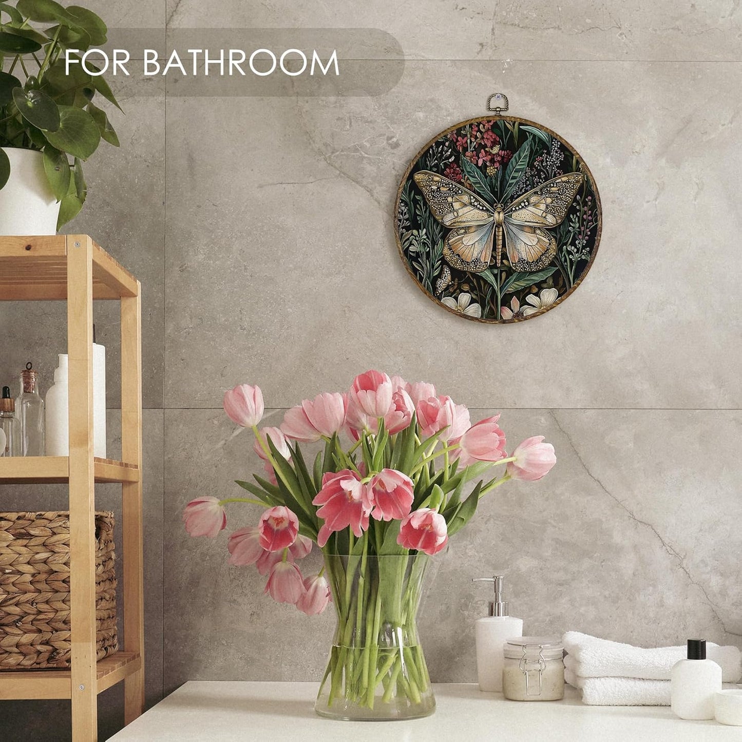 Fewgb Vintage Dark Moody Butterfly Round Wall Art Decor Framed for Bedroom Kitchen, Dark Cottagecore Academia Canvas Wall Art Prints Picture, Gothic Botanical Hanging Room Decor Artwork 10x10