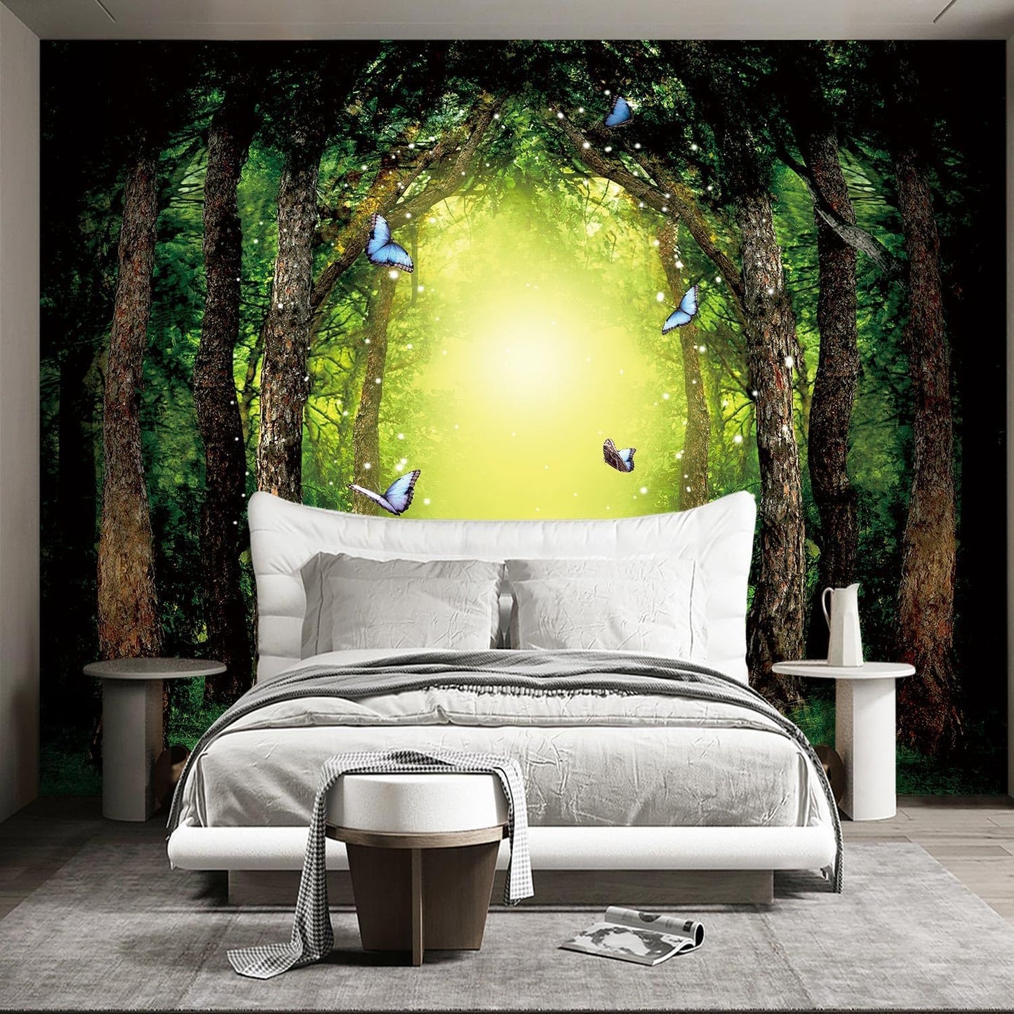 Classy Dream Butterfly Forest Tree Wallpaper for Bedroom Jungle Woodland Wall Mural Living Room Large Woods Adhesive Fabric decorr - 91"x65"（Not Peel and Stick）