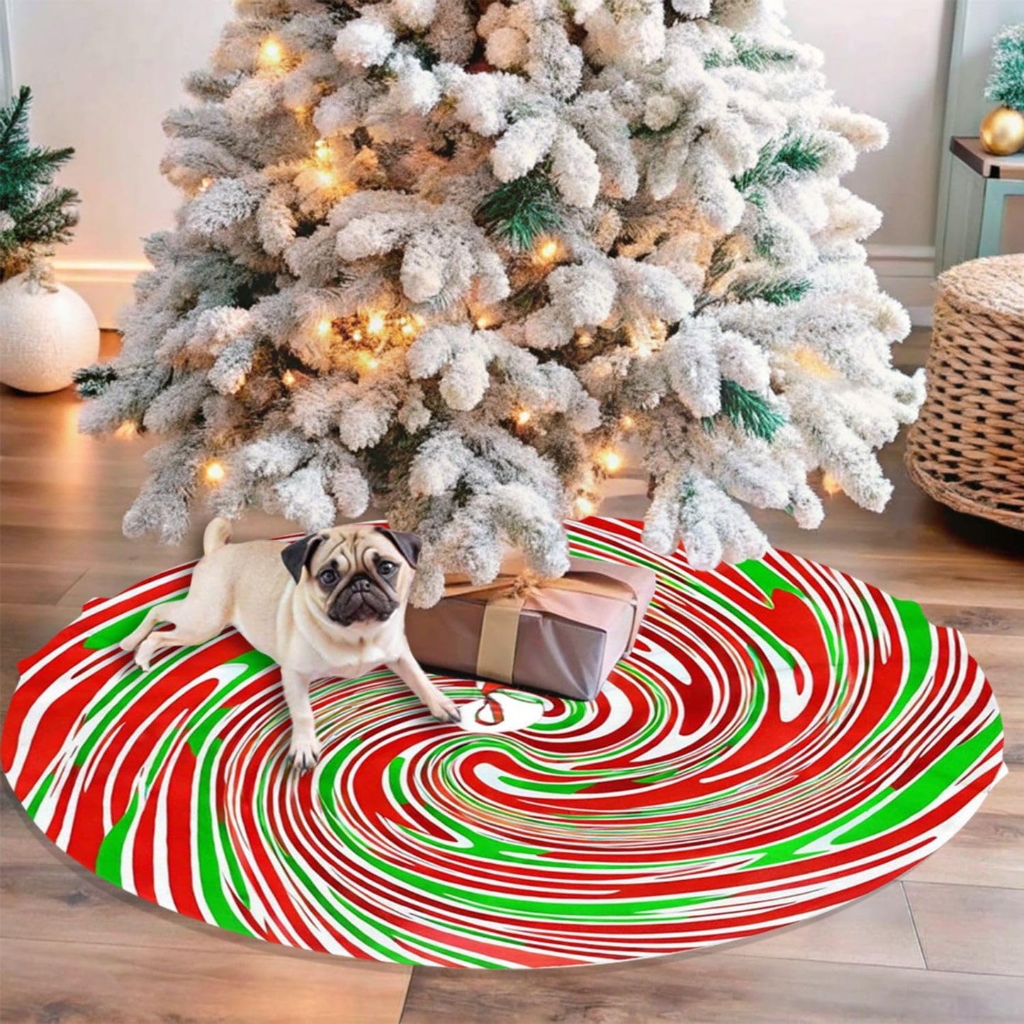 36" Red and Green Swirl Christmas Tree Skirt Sweet Peppermint Candy Tree Mat Base Cover for Xmas Festive Holiday Party Decoration Ornaments