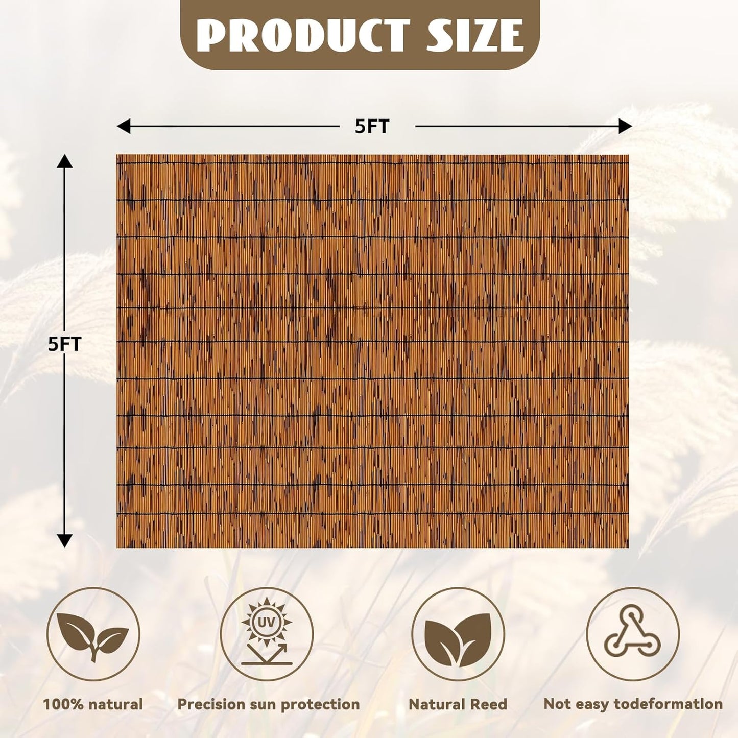 Bamboo Reed Fencing, Decorative Bamboo Curtains for Patio, Light Russet Privacy Fence Reed Screens Outdoor for Patio Garden Balcony Privacy Screen, 5 x 5 FT