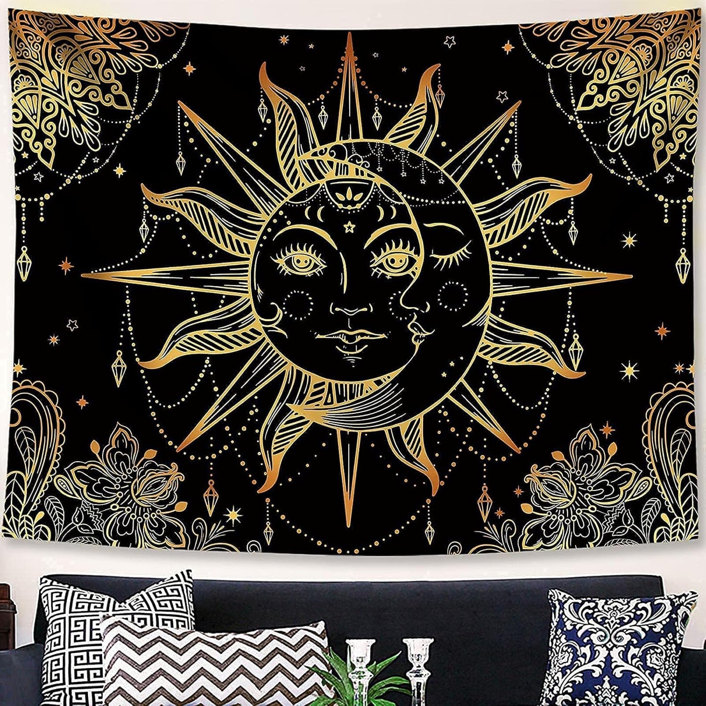 Lunerfex Hippie Sun and Moon Tapestry Bohemian Tapestry Aesthetic Cute Tapestries for Bedroom and Living Room Decor Sun 50×60 Inches