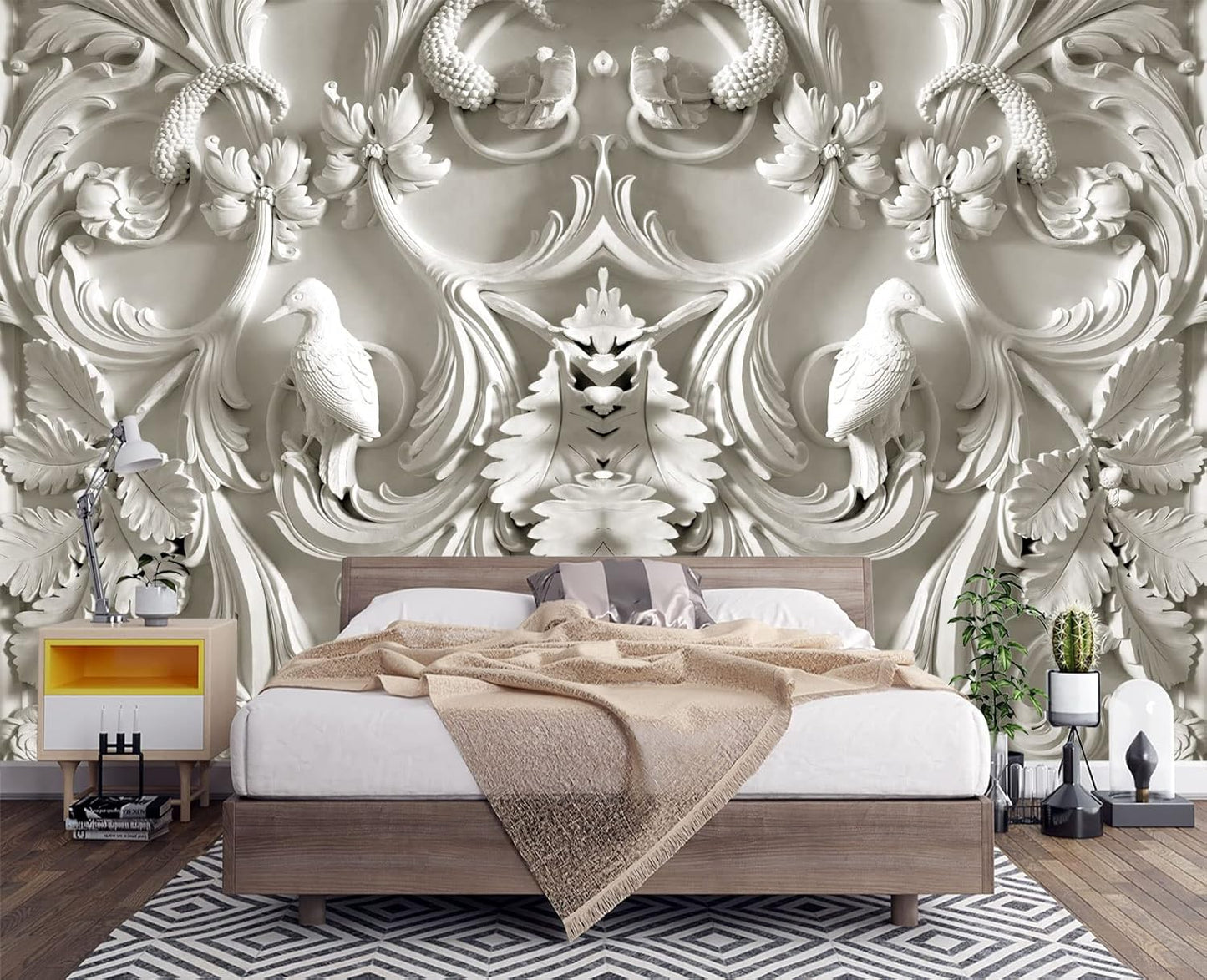 White Gypsum Art Wall Mural Wallpaper for Bedroom 137" x 100"