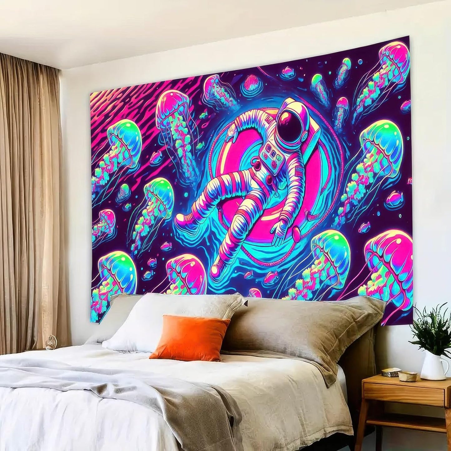 BlissYard Blacklight Tapestry Uv Reactive Tapestry Glow Tapestry 78x59 Inches Wall Tapestry Astronaut Jellyfish in Space Fluorescent Wall Hanging Neon Art Decor with Cosmic Jellyfish and Space Theme