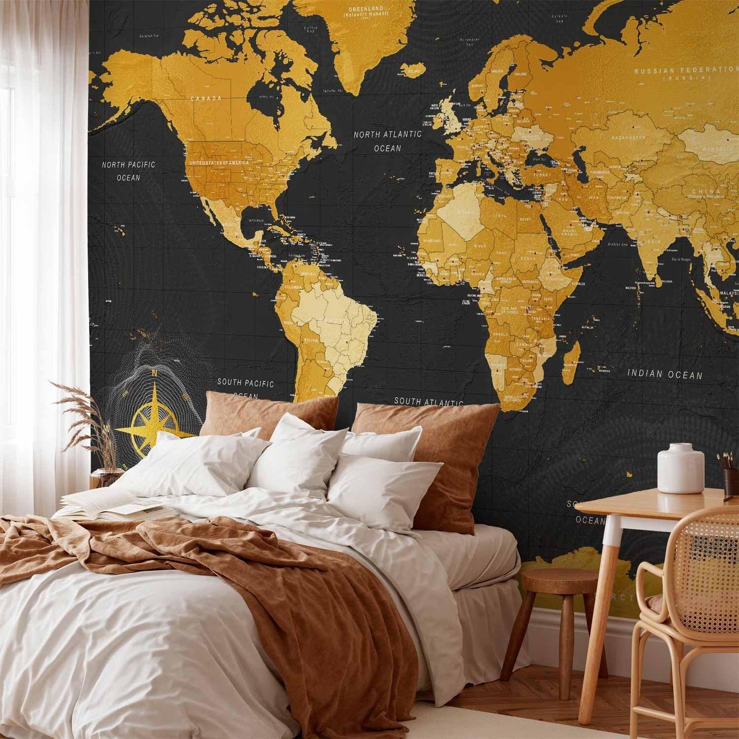 artgeist Premium Wall Mural World Map 177x124 in - XXL Non-Woven Wallpaper Fleece Wall Decor Photo Print Picture Image Design Home Map of The World k-A-0130-a-a
