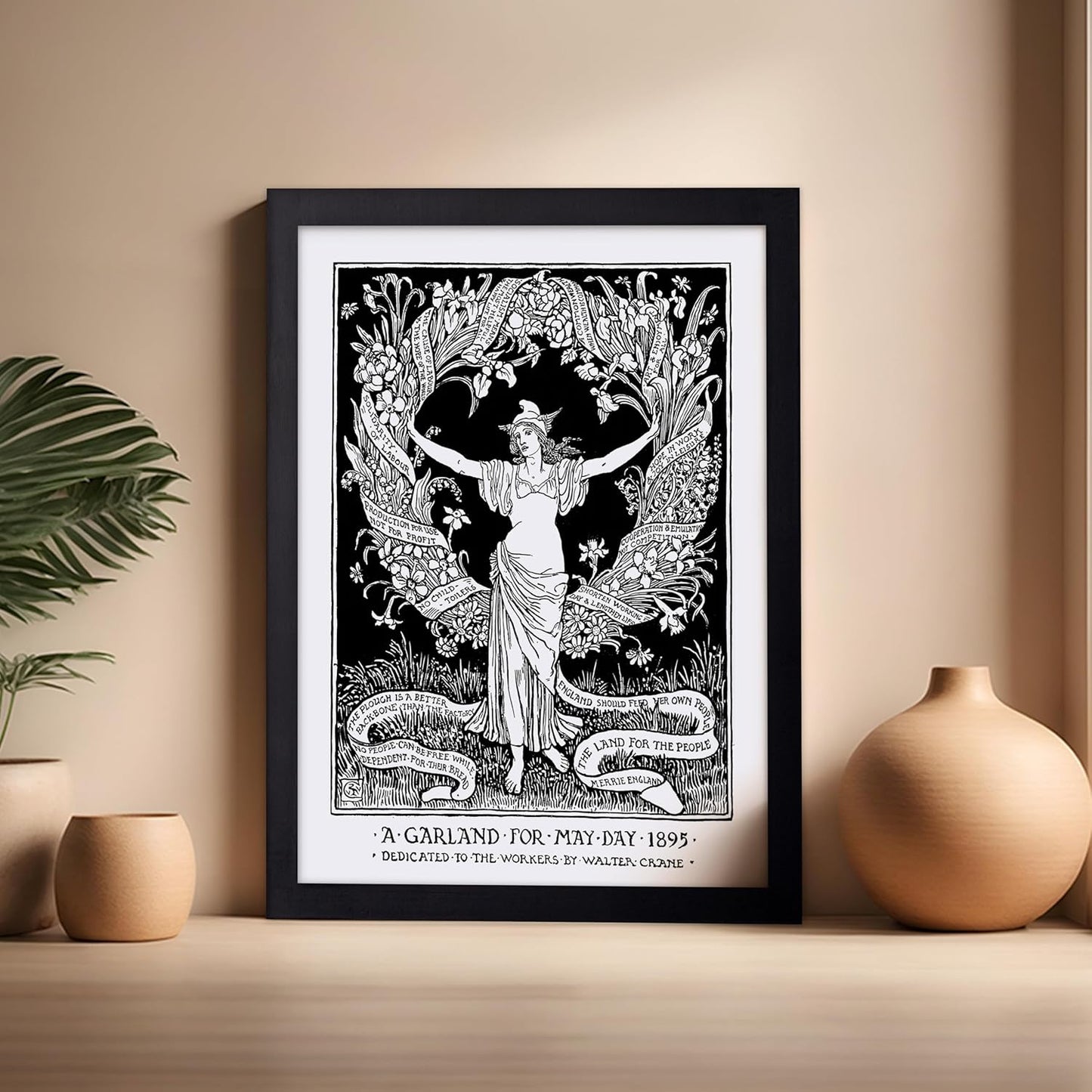 Poster Master Vintage Walter Crane Poster - Retro A Garland for May Day Print - Socialist Art - Gift for Him, Her, Men, Women - Wall Decor for Home, Office, Living Room, 16x20 Black Framed