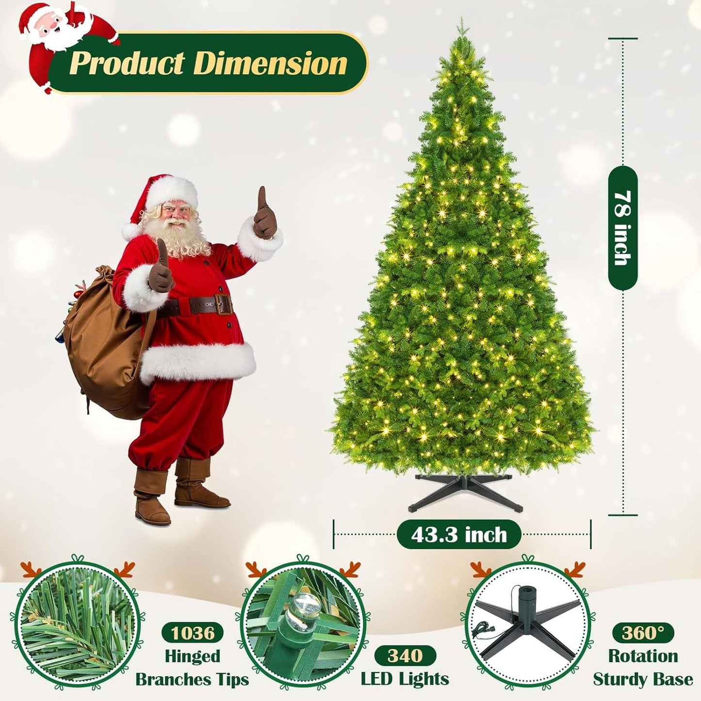 6.5FT Pre-Lit Christmas Tree with Remote Control, Multi-Color LED Lights, Musical Rotating Christmas Tree Stand, Easy Assembly in 3 Sections, Foldable Metal Stand for Home Holiday Decor