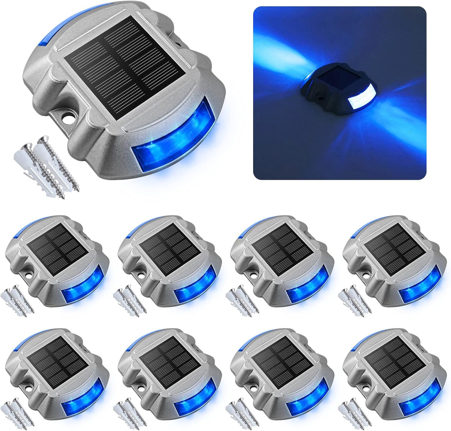 VOLISUN Solar Deck Lights, 8-Pack Led IP67 Waterproof Outdoor Warning Step Lights for Driveway, Sidewalk, Garden Pathway, Yard (Blue)