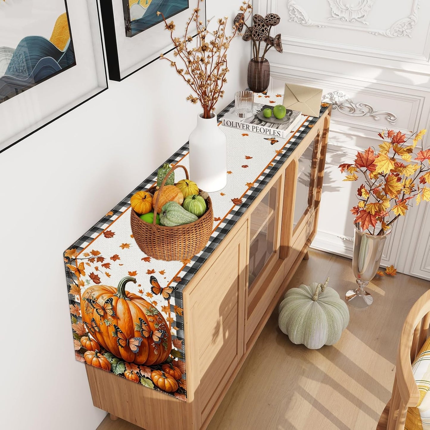 Linen Black and White Buffalo Check Plaid Fall Table Runner 90 Inches Long, Fall Leaves Pumpkin Butterfly Home Kitchen Table Decor, Farmhouse Autumn Thanksgiving Harvest Festival Decorations for Home