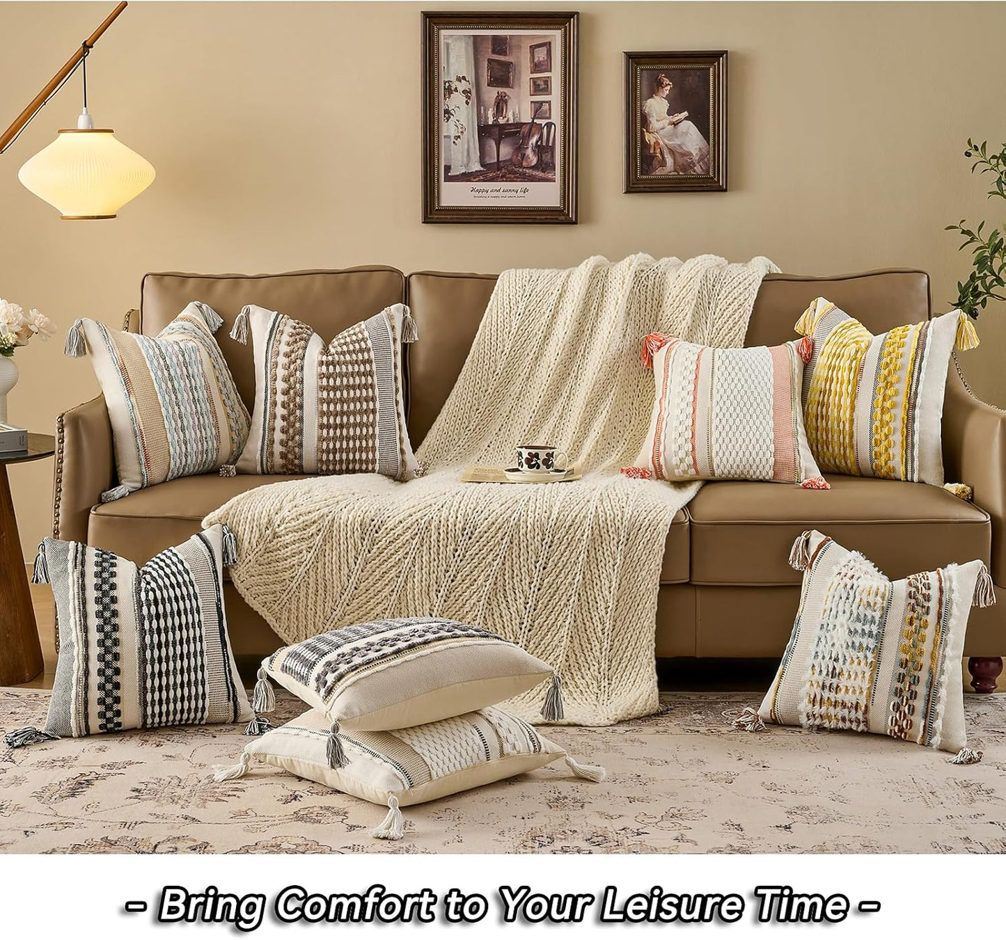 AmHoo Set of 2 Chenille Striped Textured Boho Throw Pillow Covers Aesthetic with Tassels Woven Decorative Pillow Case for Couch Bed Sofa Bedroom Modern Funky 18 x 18-Inch Grey White