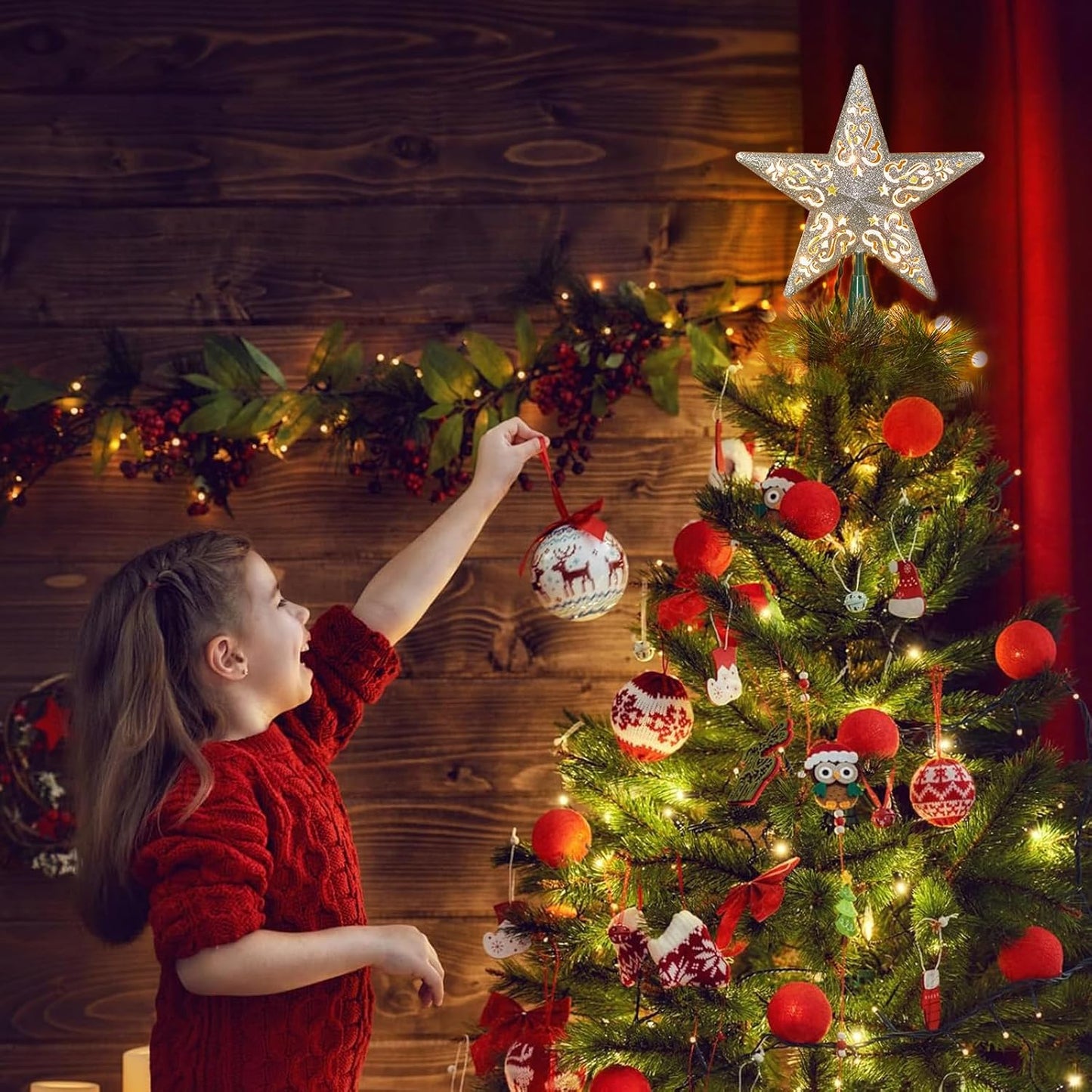 8" Silver Glittered Hollow Christmas Star Tree Topper with Built-in 10-Bulb String Lights and 2 Fuses for Holiday Decor, Green Base