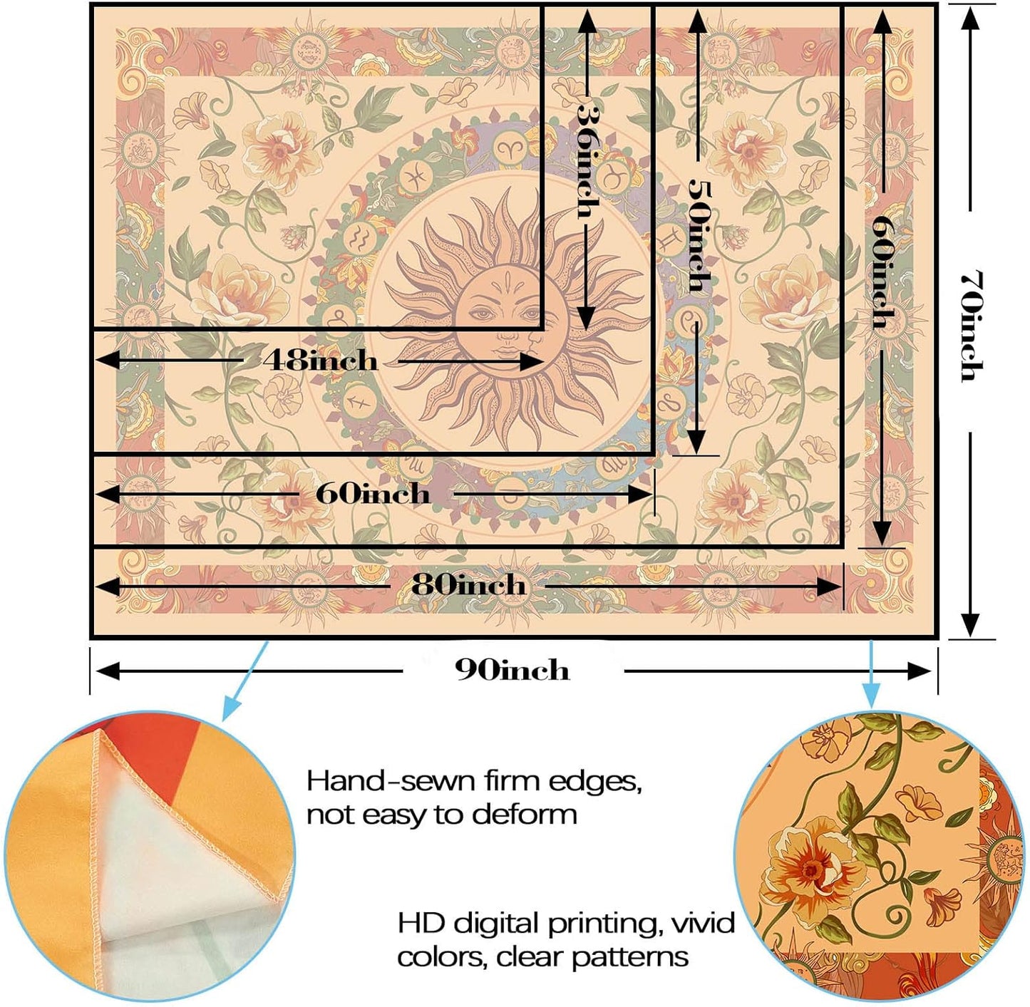 Aipon Yellow Sun and Moon Tapestry Hippie Indie Tapestries Boho Orange Flower Floral Tapestry Wall Hanging Cool Vintage Aesthetic Wall Tapestry for Bedroom Living Room Dorm (80'' × 60'', Orange)