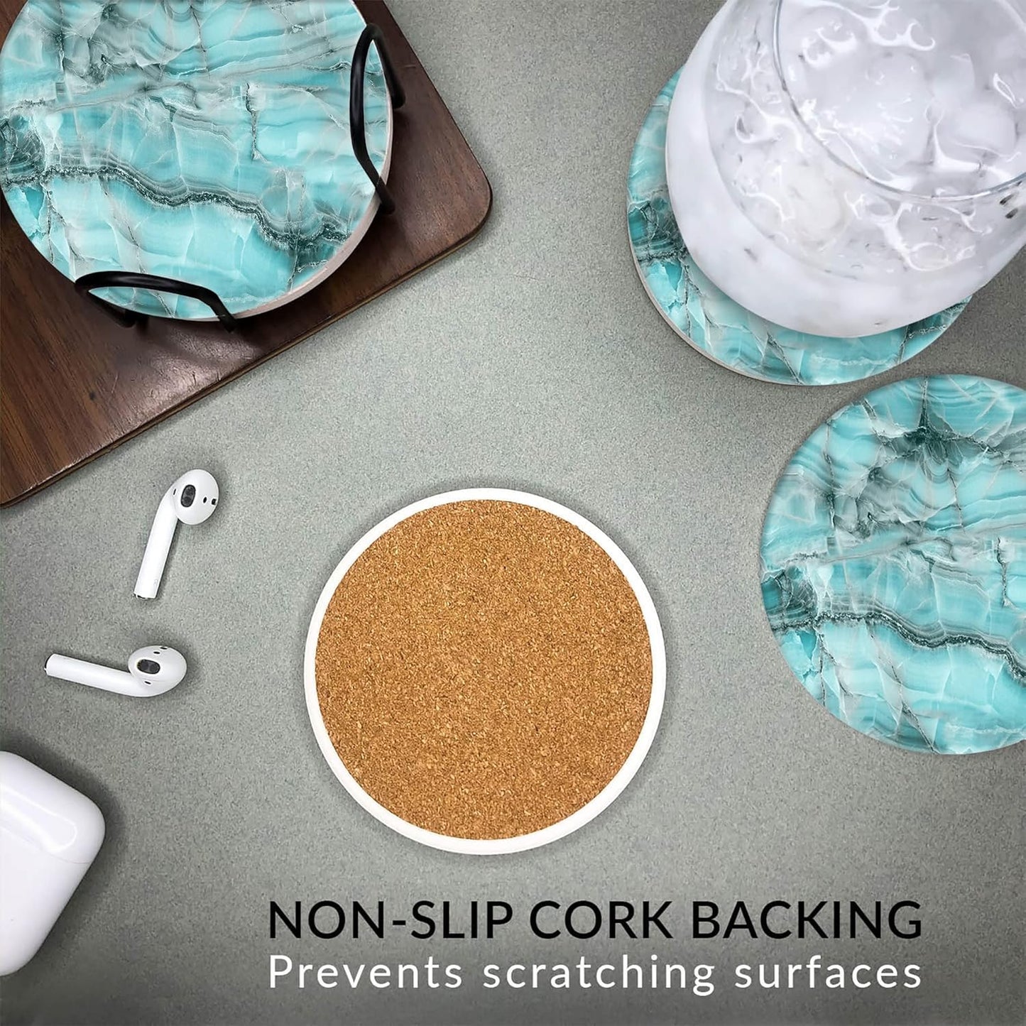 Emerson Coasters for Drinks Absorbent – Natural Stone Drink Coasters Set with Holder, Coasters for Coffee Table, Wooden Tabletop Protection Marble Style – 100% Heavy Duty Set of 6 (Aura)