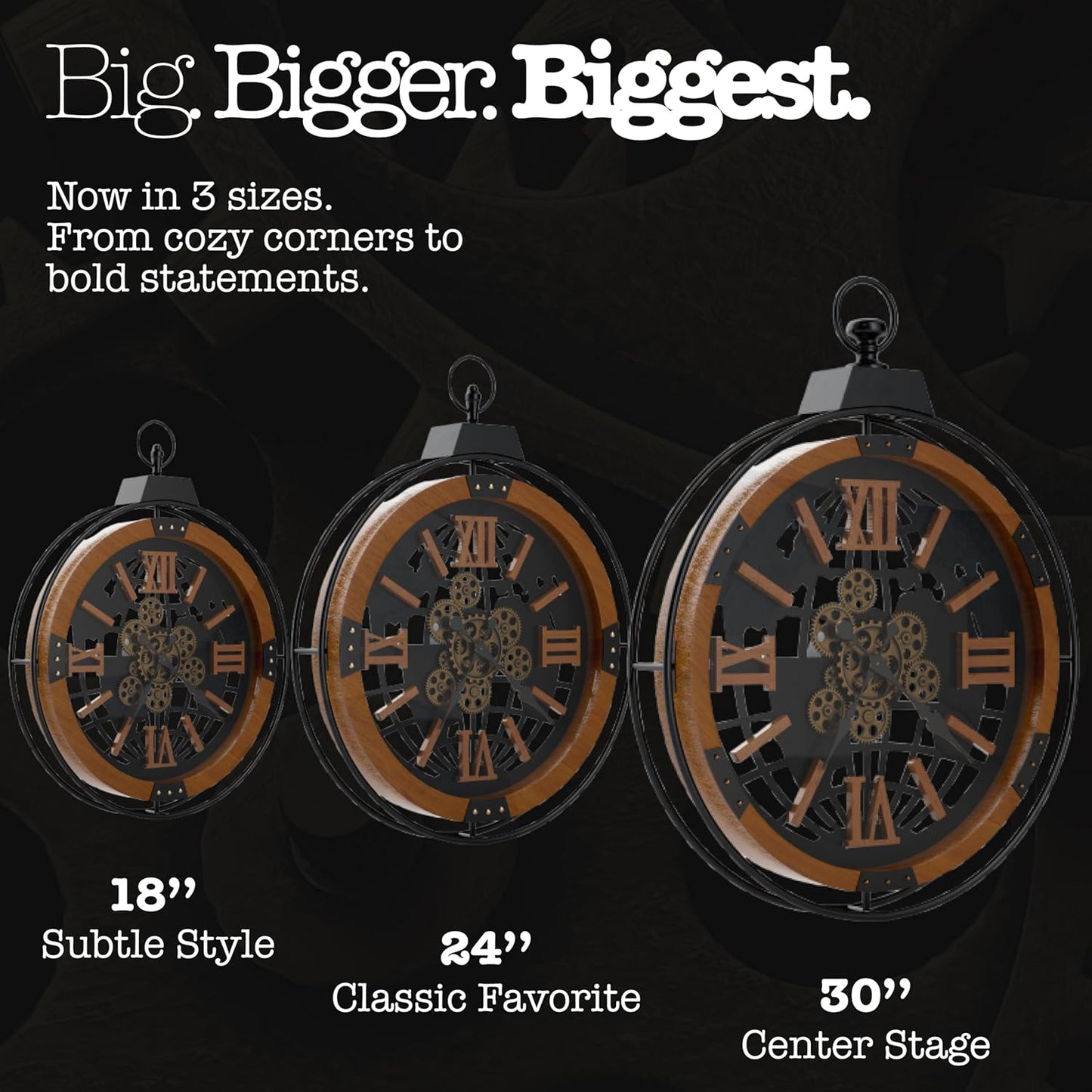 Driini 18 Inch Large Rustic Farmhouse Gear Clock with Moving Gears – Vintage Oversized Wall Clock with Iron Frame – Giant Industrial Steampunk Wall Clock for Living Room Décor (Walnut)