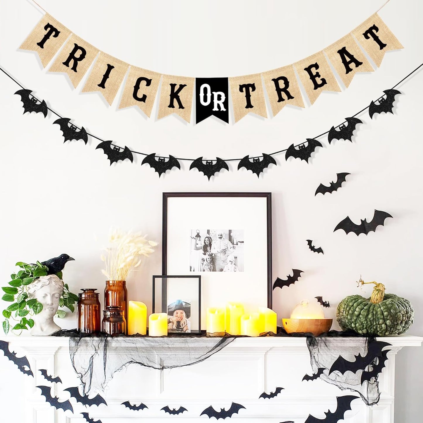 Uniwish Trick or Treat Burlap Banner Halloween Decorations for Mantel Fireplace Glitter Bat Garland Bunting Home Wall Decor Halloween Party Supplies