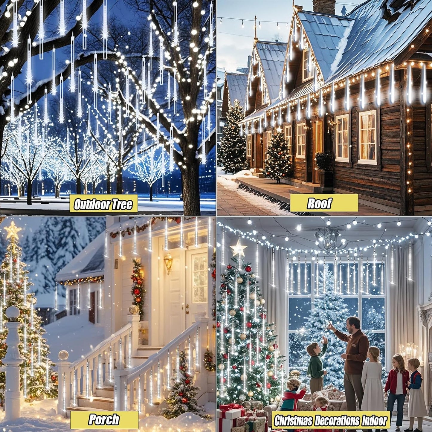 Christmas Lights Outdoor, Meteor Shower Lights 8 Tubes 192LED UL Certified Snow Falling Rain Cascading Icicle Light for Xmas Tree Christmas Decorations Outdoor Wedding Party Window, White