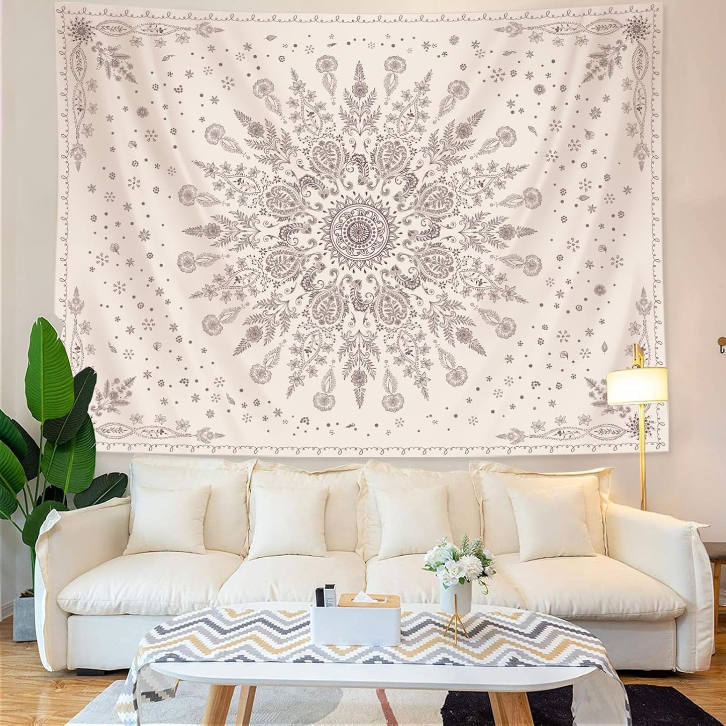 Lunerfex Boho Floral Tapestry Mandala Wall Tapestry, Cute Tapestries for Bedroom Beige Flower Tapestries Wall Hanging for Bedroom Living Room Decor Beige-1 44"x60"