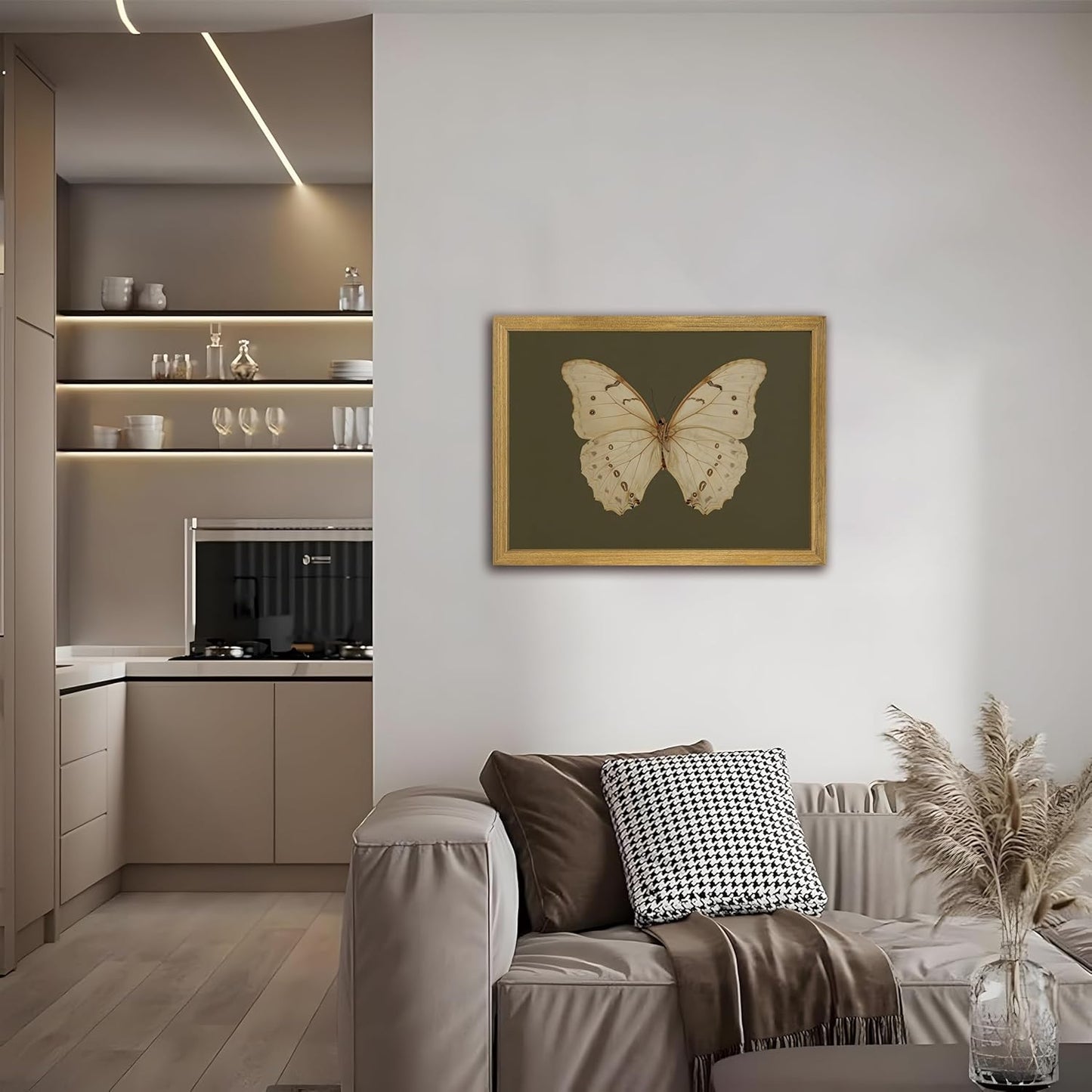 Wood Framed White Butterfly Wall Art, Vintage Butterfly Oil Paintings, Dark Moody Insect Canvas Prints, Boho Sage Green Wall Decor, for Bedroom Kitchen Bathroom Cottagecore Room Decor - 16x24 Inch