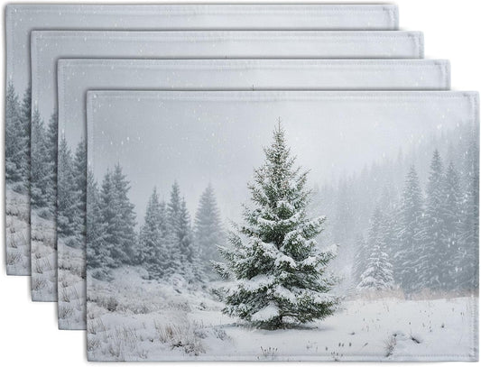 Winter Placemats Set of 4, 12x18 Inch Christmas Pine Tree Snowflake Linen Table Mats Seasonal Washable Farmhouse Place Mats for Kitchen Dining Xmas Holiday Party Decor