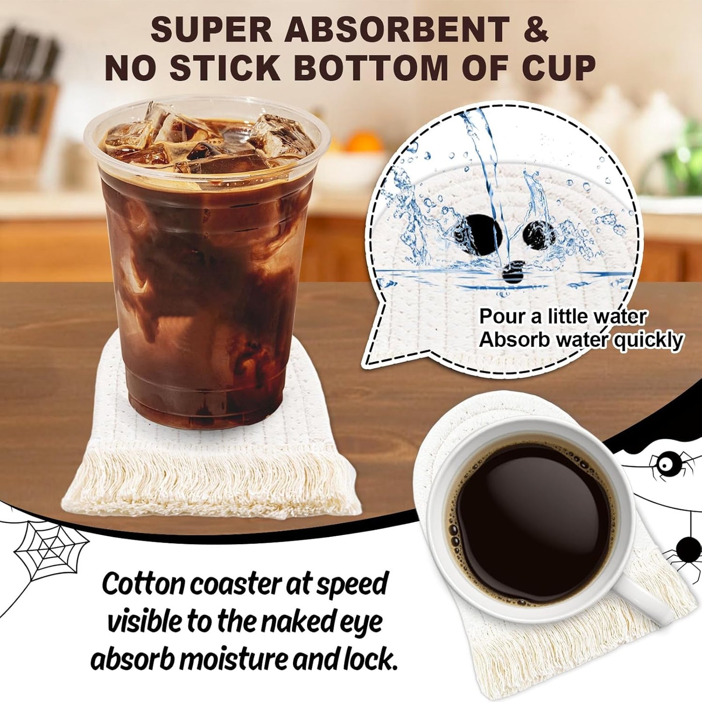 Whaline Halloween Ghost Cotton Coasters Cute White Ghost Shape Handmade Braided Drink Coasters Absorbent Cup Mats for Trick or Treat Party Home Table Decor, Set of 4