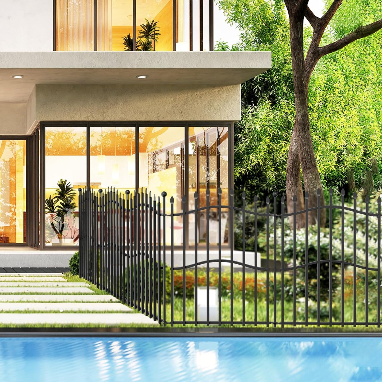 No Dig Garden Fence with Gate - 5 Panels 32in H x 11.25ft L, Sturdy Square Tube Rustproof Tall Animal Barrier for Dogs, Decorative Outdoor Fencing for Yard Gardens & Patios