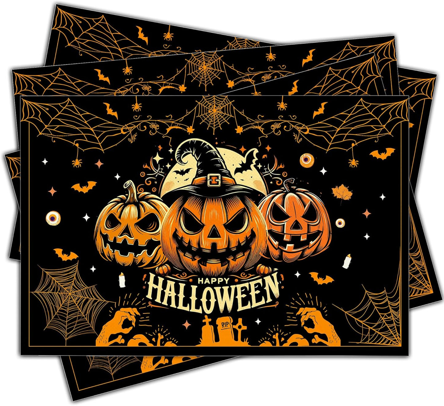 Halloween Spooky Placemats Set of 4, 12x18 Inch Pumpkin Bat Table Mats, Washable Heat Resistant Place Mats for Kitchen Dining Table, Halloween Themed Decoration for Home-B05