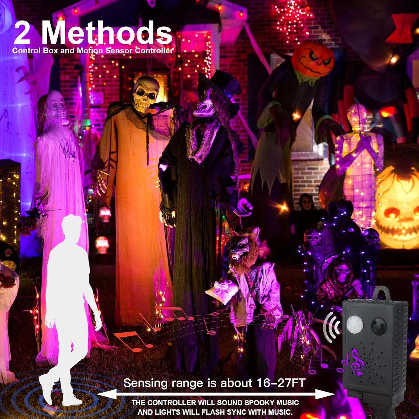 XTF2015 Halloween Lights, 105FT 300 LED Halloween String Lights with Spooky Music Motion Sensor Controller Twinkle Waterproof Purple Orange Light Plug in for Indoor Outdoor Tree Party Yard Room Decor