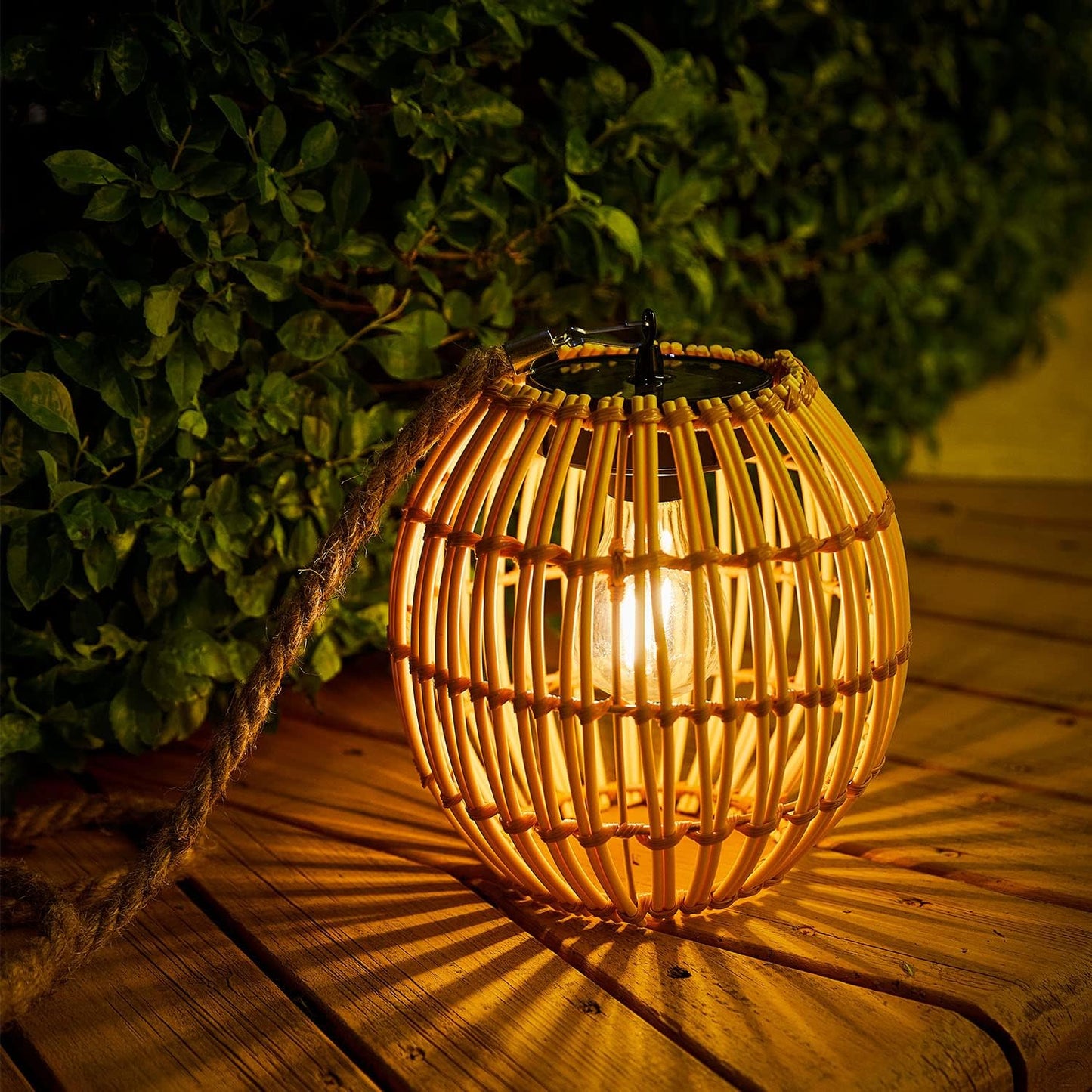 Livinlarge Hanging Solar Lantern Outdoor Waterproof, Large Solar Rattan Lantern Outdoor with Twine Handle, Bright Outdoors Hanging Lights with Edison Bulb for Garden Patio Yard Decoration