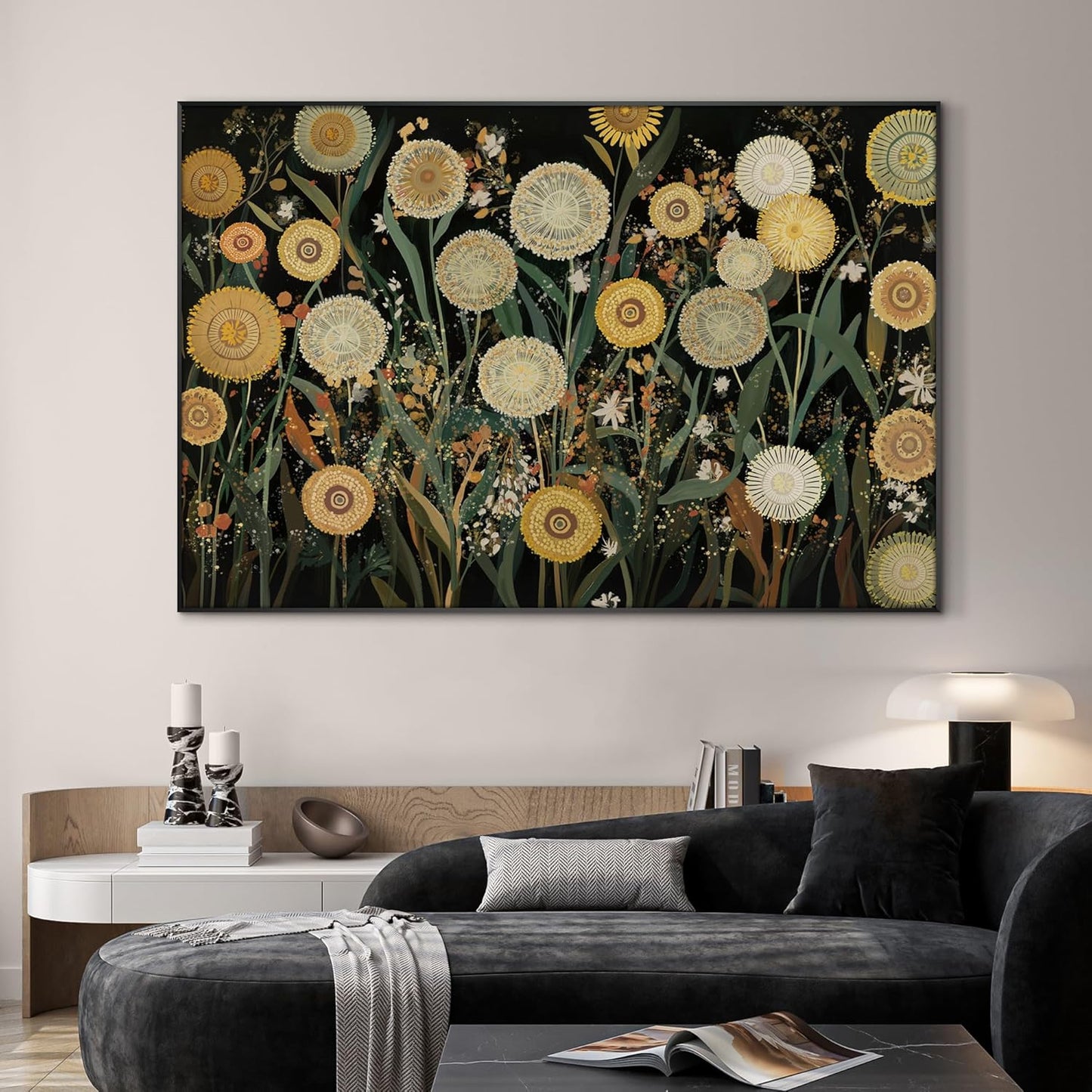 SIGNWIN 46"x72" Extra Large Framed Wall Art Whimsical Dandelion Field in Yellow and Green, Playful Botanical Print for Home Living Room Bedroom Decor (Frame Assembly Required)