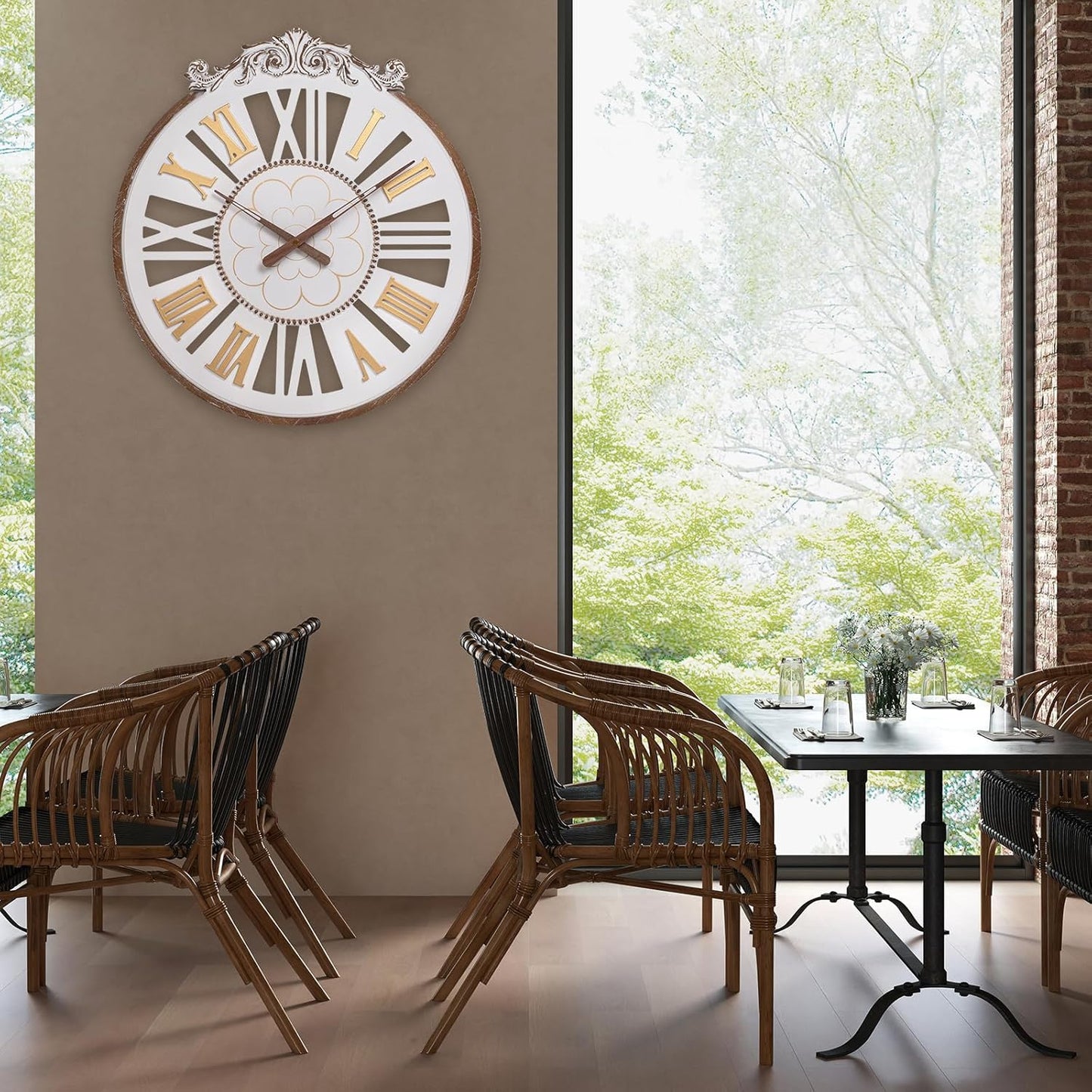 Large Wall Clock–24 Inch Farmhouse Wall Clocks -Big Boho Wood Wall Clock, Silent and Battery Operated Round Rustic Clock for Living Room, Kitchen and Office Decor, White