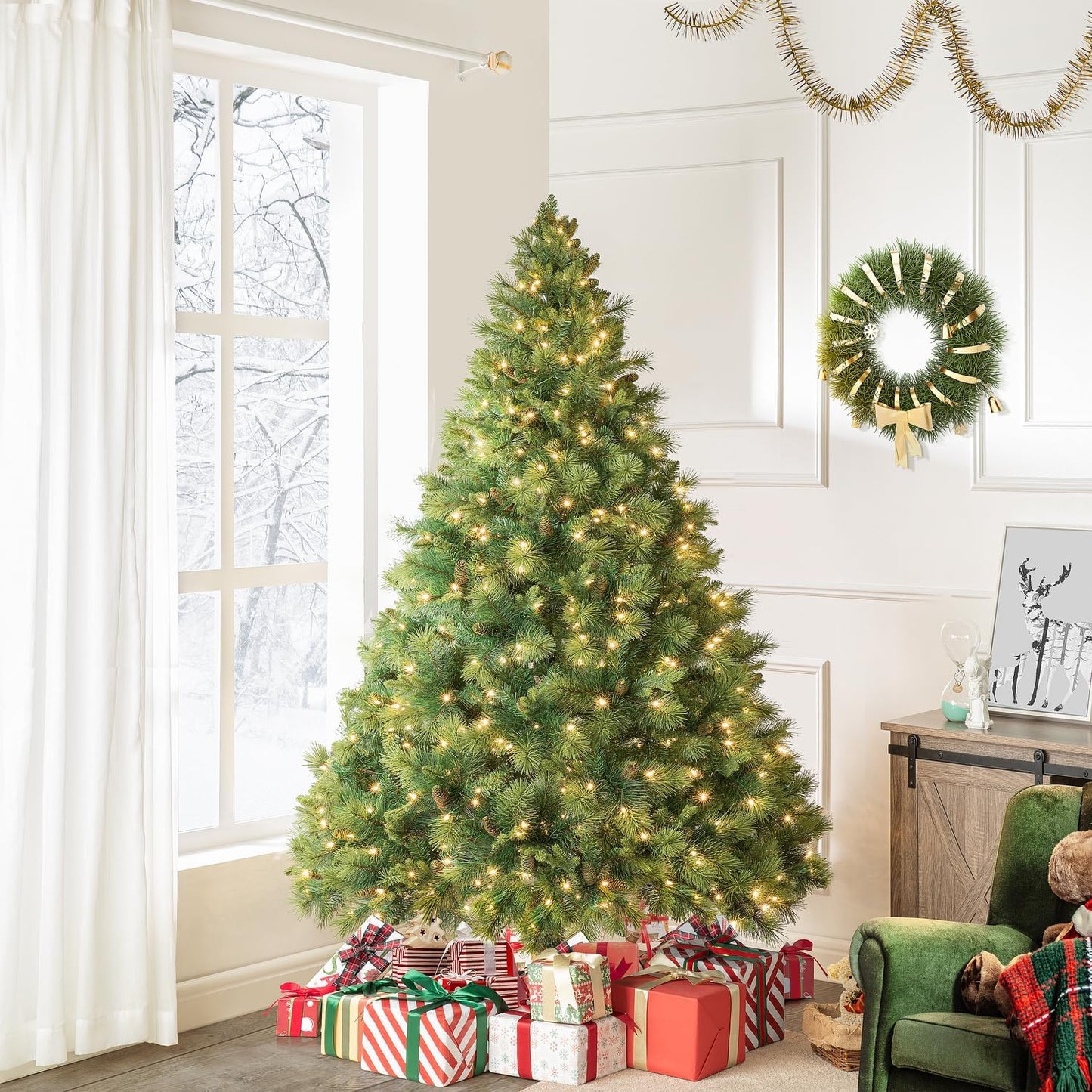 Naomi Home Vail 4.5ft Prelit Artificial Christmas Tree with Pine Cones, Foot Pedal, 561 Branch Tips, 300 Warm Lights and Metal Stand, 38" Wide Realistic Traditional Christmas Tree with Lights