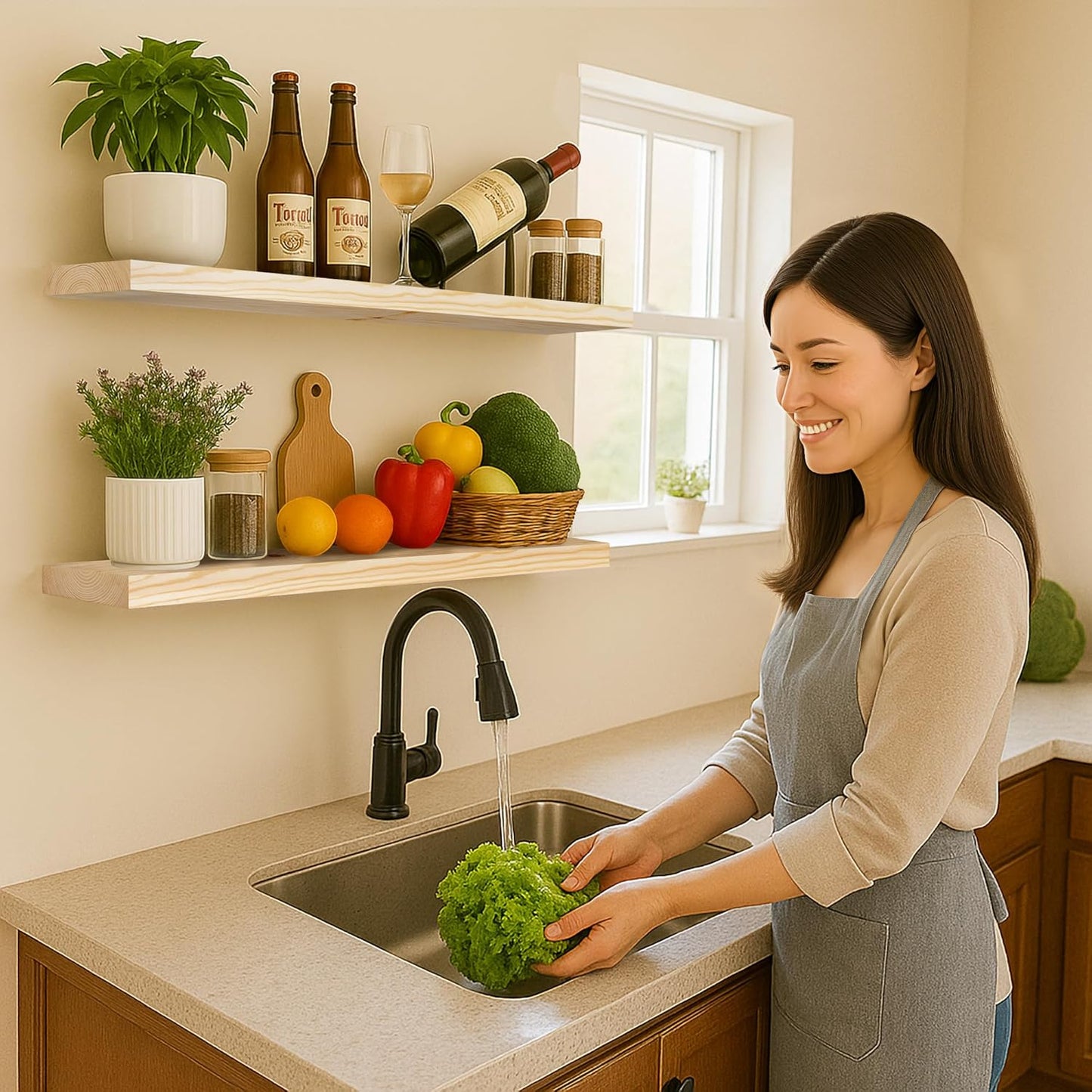 BGMG Wood Floating Shelves 36 inch, Wide Rustic Wooden Wall Shelves for Bathroom Living Room Bedroom Kitchen Farmhouse Set of 2-36x 6.7 x1.25 inch- DIY-Unfinished