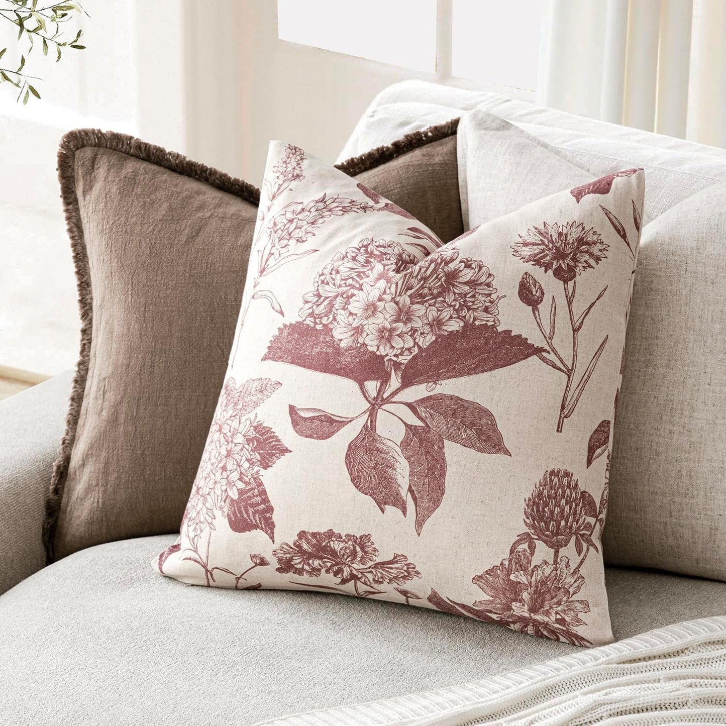 Foindtower Set of 2 Linen Floral Throw Pillow Covers Vintage Accent Print Decorative Cushion Covers Farmhouse Boho Home Decor for Sofa Chair Couch Bedroom Living Room Outdoor,18×18 Inch,Dark Pink