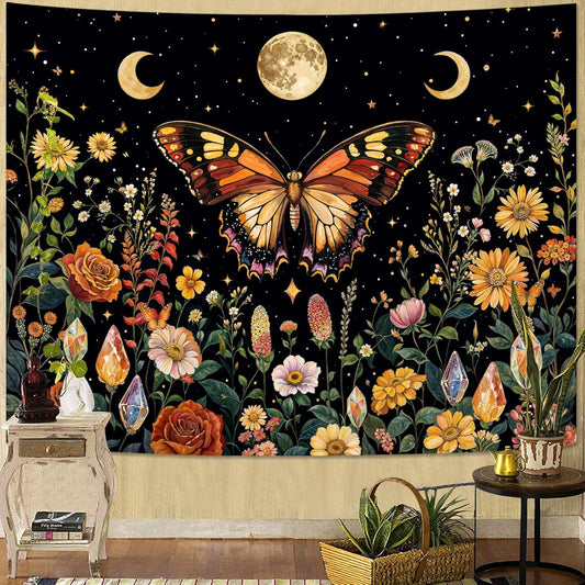 Lunerfex Boho Butterfly Tapestry Flower Moon Wall Tapestry, Moon Phases Tapestries for Bedroom Cute Tapestries Wall Hanging for Bedroom Living Room Decor Butterfly-2 70"x90"
