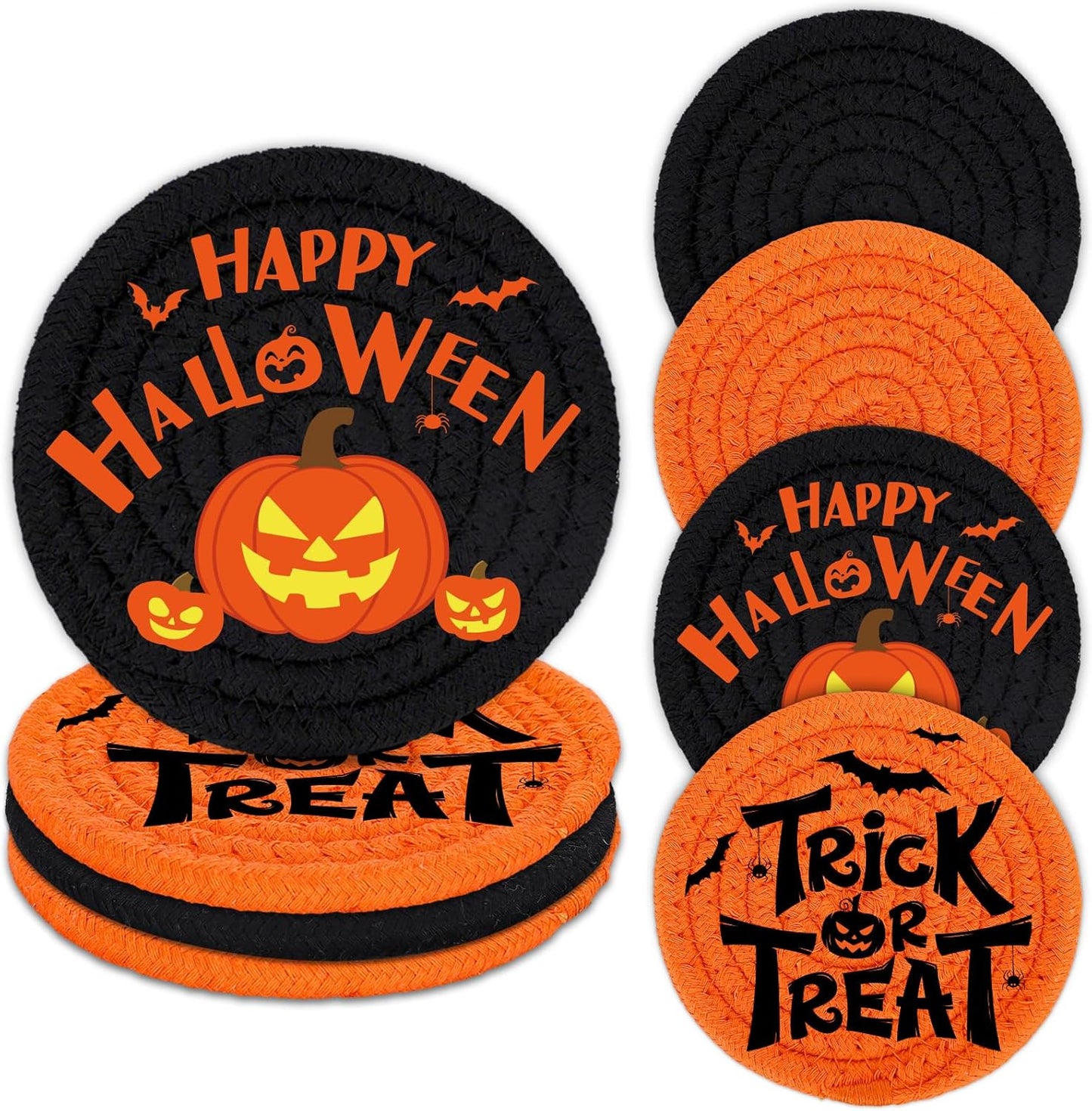 Whaline Happy Halloween Cotton Coasters Black Orange Pumpkin Face Handmade Braided Drink Coasters Absorbent Cup Mats for Trick or Treat Party Home Table Decor, Set of 4