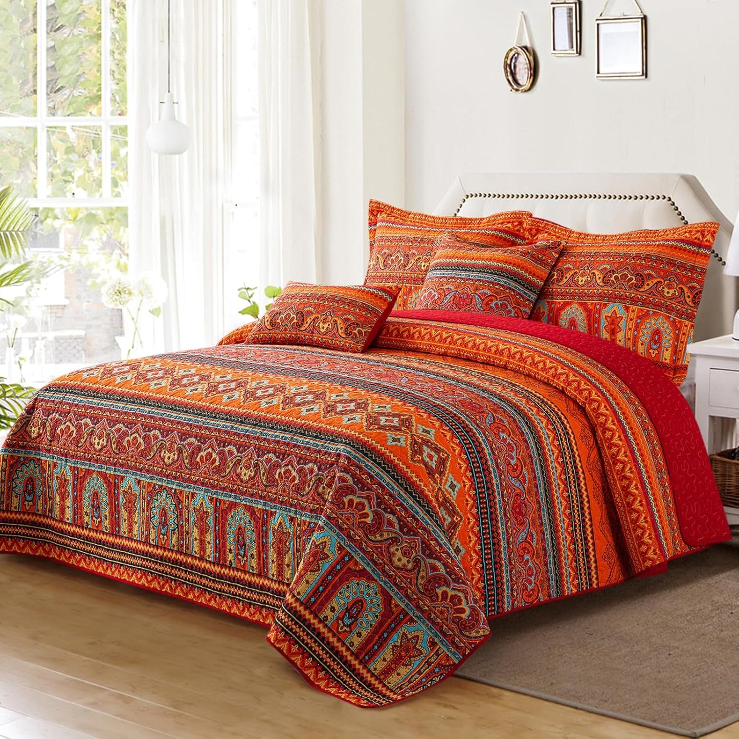 VAPUTAR Cotton Quilt Twin Size Bedding Set - 2 Pieces Twin Quilt Bedding Set, Boho Twin Size Quilts, Lightweight Reversible Coverlets Bedspreads for Farmhouse Bedroom (Red/Orange)