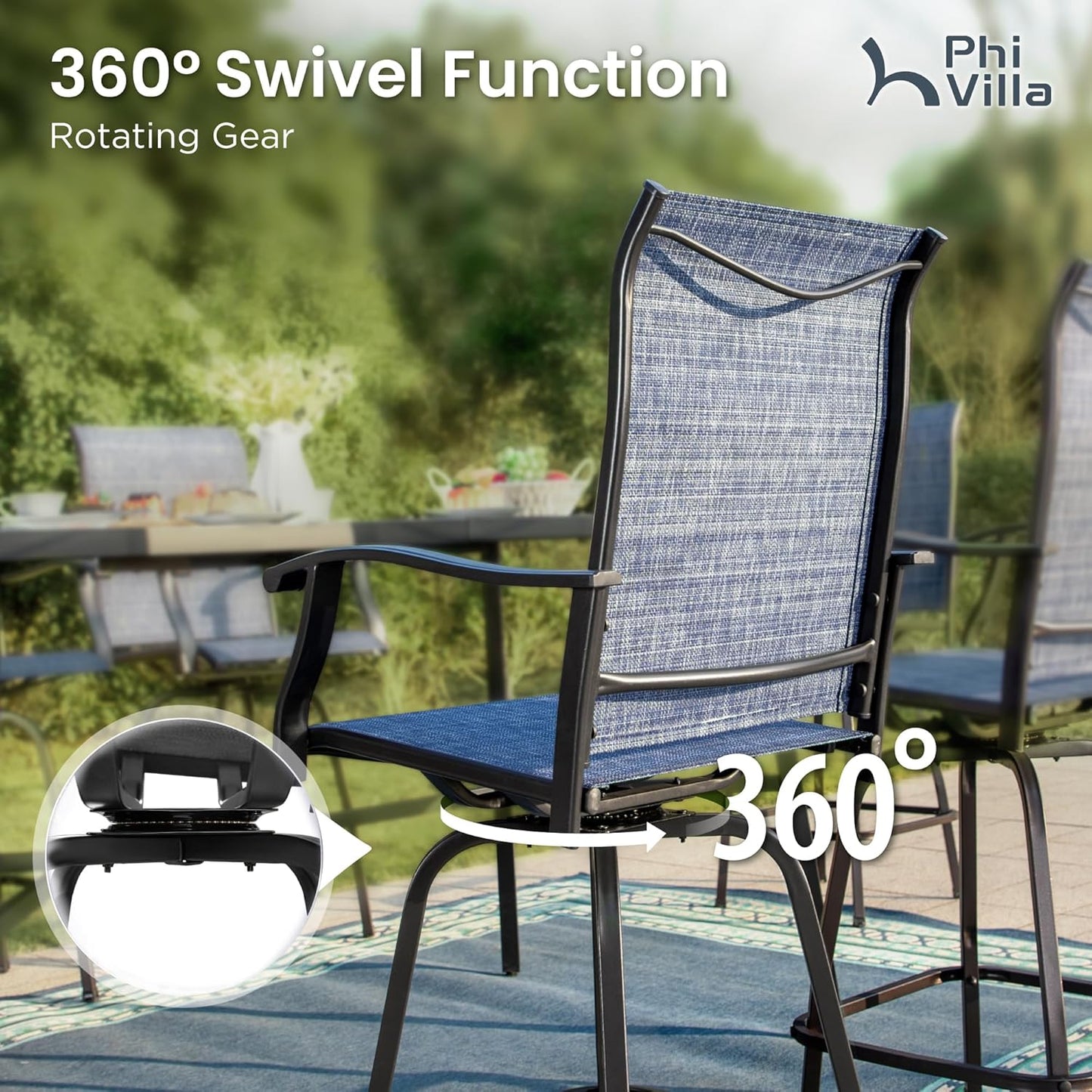 PHI VILLA Outdoor Bar Set, 7 Piece Patio Dining Table and Swivel Bar Stools with Metal Table, for Garden, Pool, Yard and Terrace