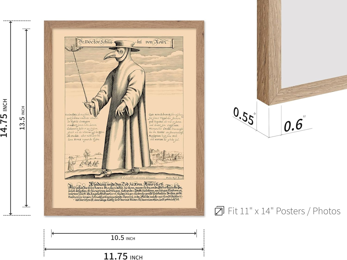 Poster Master Vintage Medieval Poster - Retro Illustration Print - Gift for Friend - Plague Doctor, Pandemic Mask, Physician, Black Death - Wall Decor for Home, Living Room, 11x14 Beige Framed