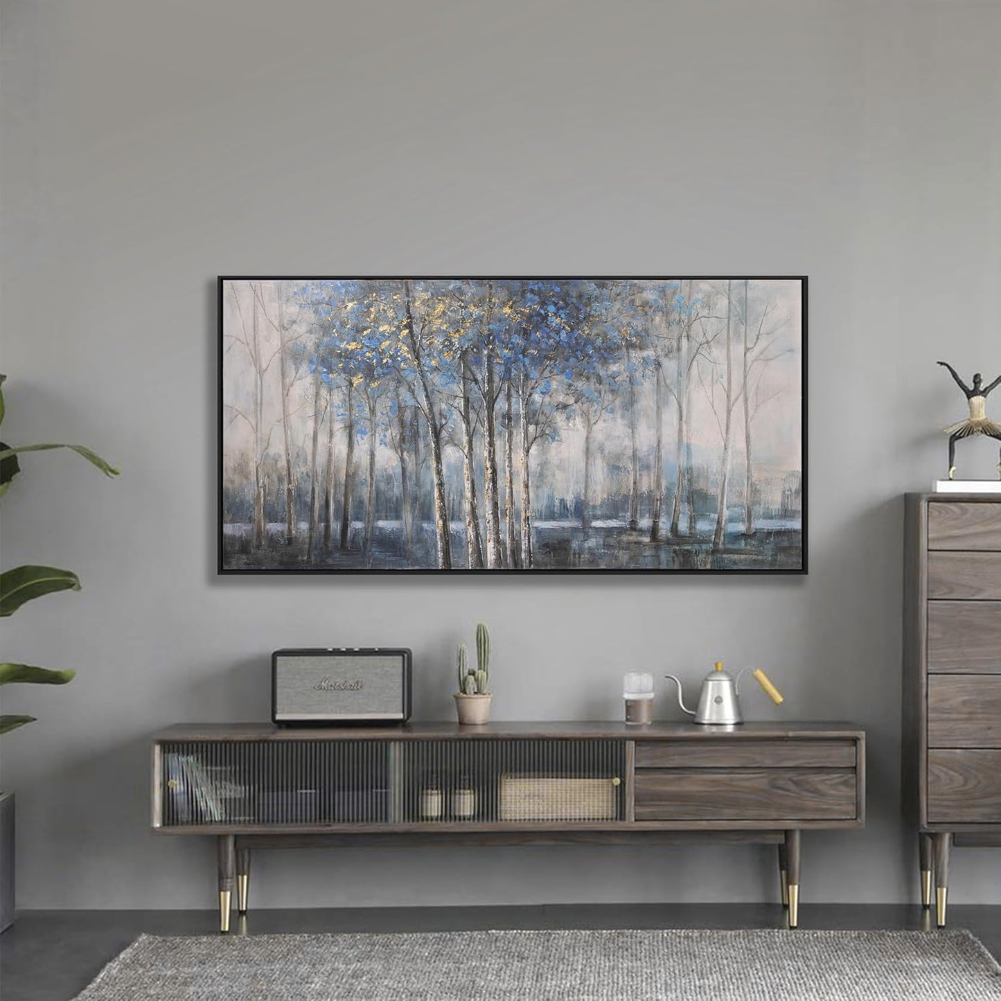 Framed Wall Art Scene Nature Decor Canvas Print Blue Embellishments Plant Grey Misty Forest Abstract Tree Painting Picture Artwork Framed Wall Decor For Living Room Bedroom Living Room And Apartment