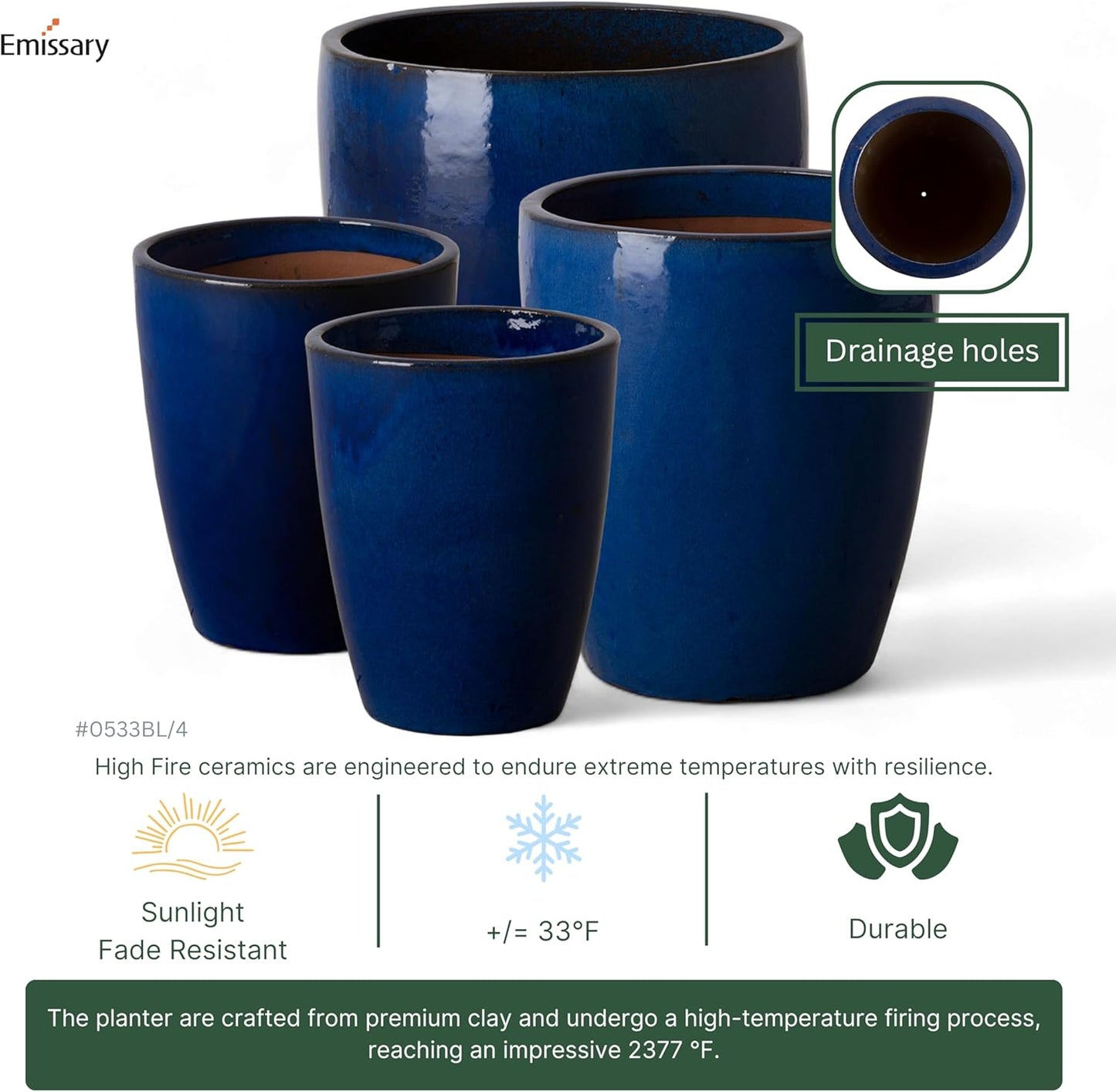 Emissary Home and Garden Bullet 11.5 in. Blue Ceramic Round Planter (11.5 in. L x 11.5 in. W x 14 in. H) with Drainage Hole