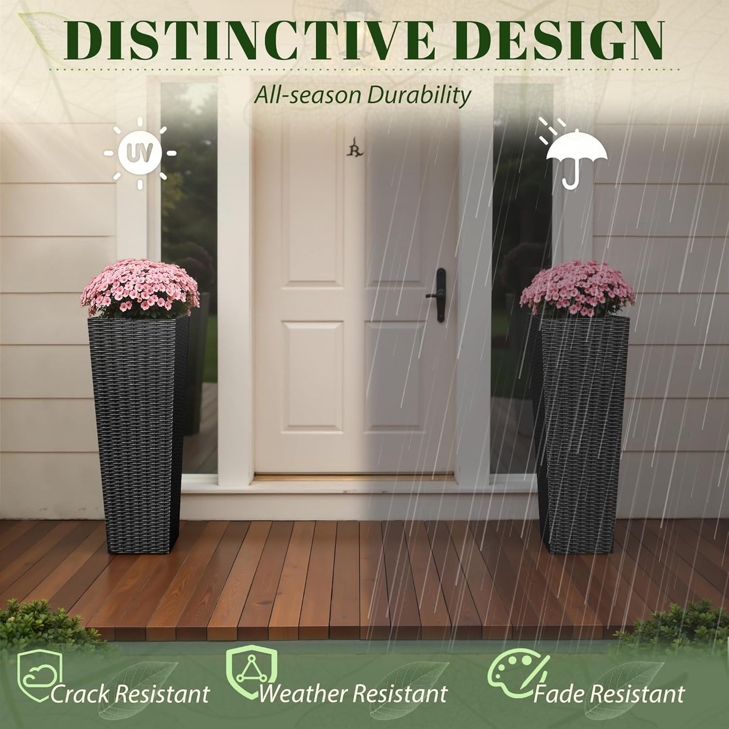 JUMMICO Set of 2 Resin Rattan Tall Planters for Outdoor Plants, Large Tapered Planters with Drainage Holes&Inner Trays, Flower Pots for Garden, Patio, Porch, Backyard (Black, 32'')