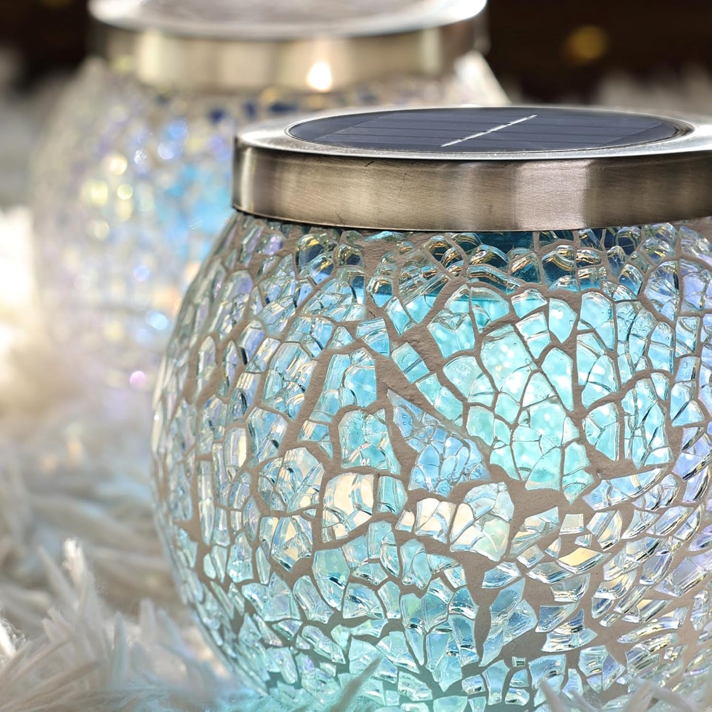 Cooo 6 Pack Heavy Solar Mosaic Crackle Glass Lights with Dual Solar Panels, Color-Changing RGB Lantern, Exclusive Dazzling Glass, Waterproof Outdoor Table Lamps Garden Lamp Landscape Path Light