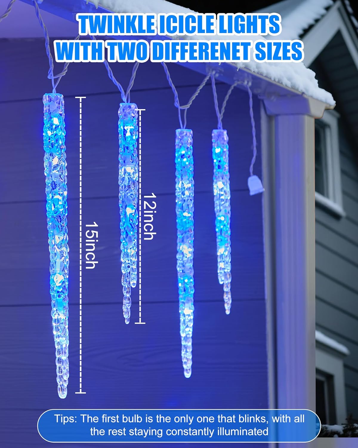 Minetom Icicle Lights Outdoor with Clips, 20ft 100 LED 20 Tubes Twinkling Icicle Strings Connectable Waterproof Hanging Christmas Lights Plug in for Eave Outdoor, Blue and White