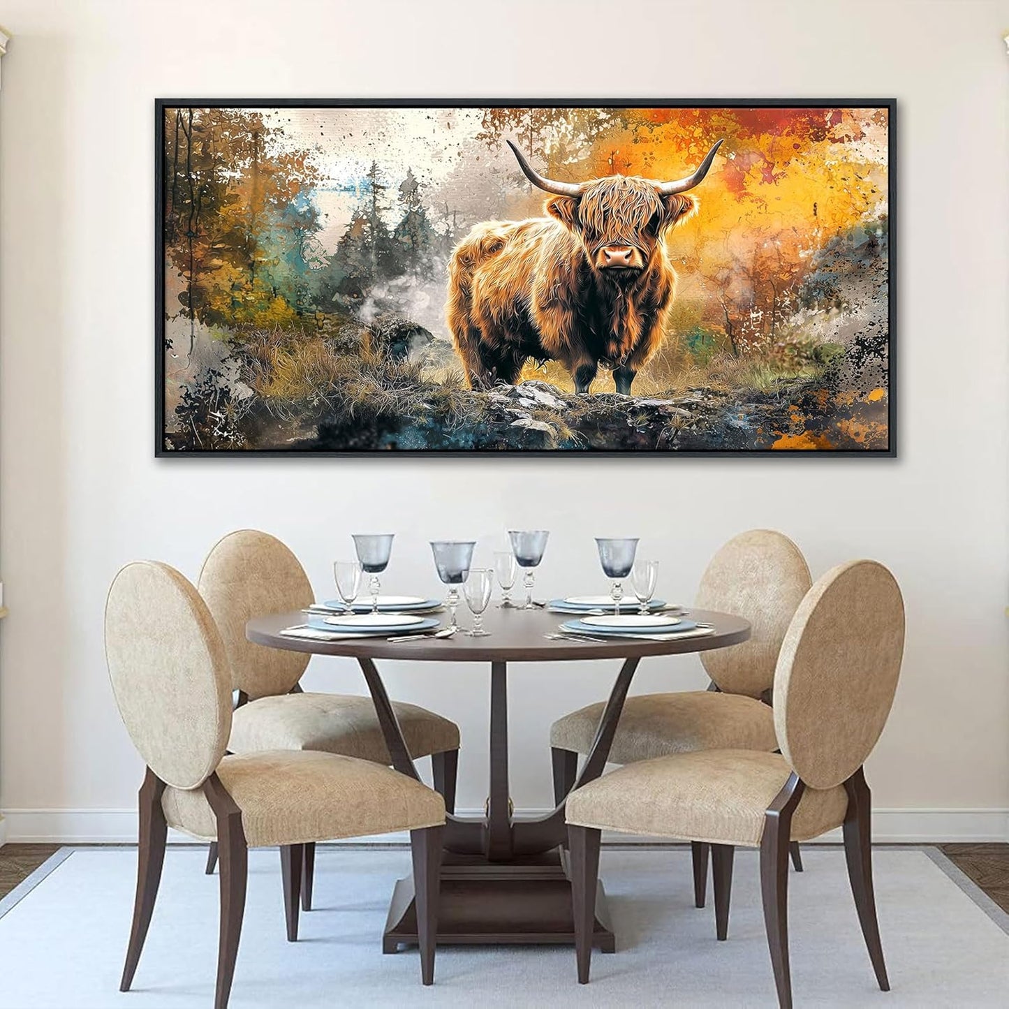 QZQCBLC Highland Cow Wall Art, Vintage Country Style Abstract Landscape Pictures Animal Cattle Canvas Print Framed Paintings Artwork for Living room Bathroom Bedroom Home Office Decor 20x40 IN