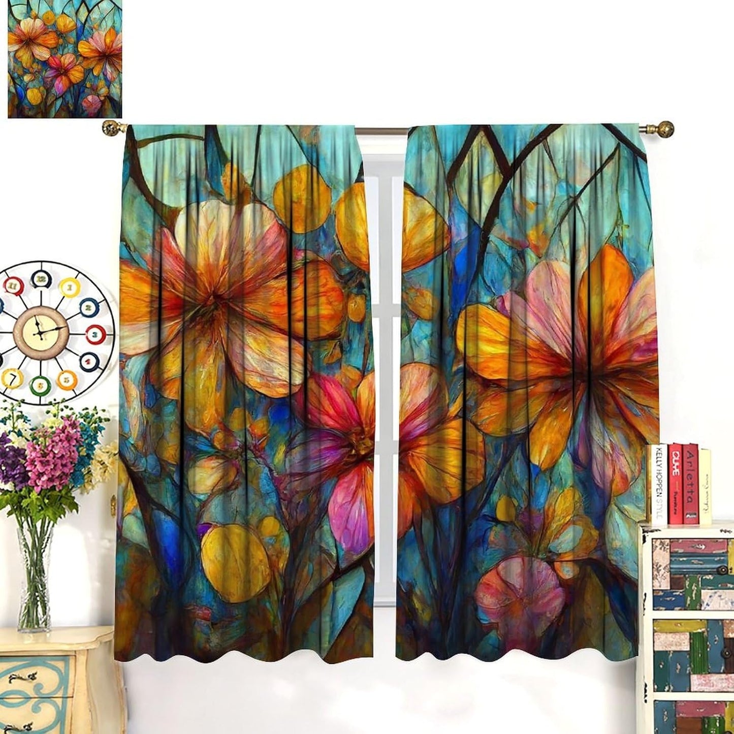 Stained Glass Curtains,Magic Forest Colorful Flowers Abstract Art Home Decor Drapes for Bedroom Living Room Kitchen Window Treatment 2 Panels Set Total Size 63" W X 63" L Inch