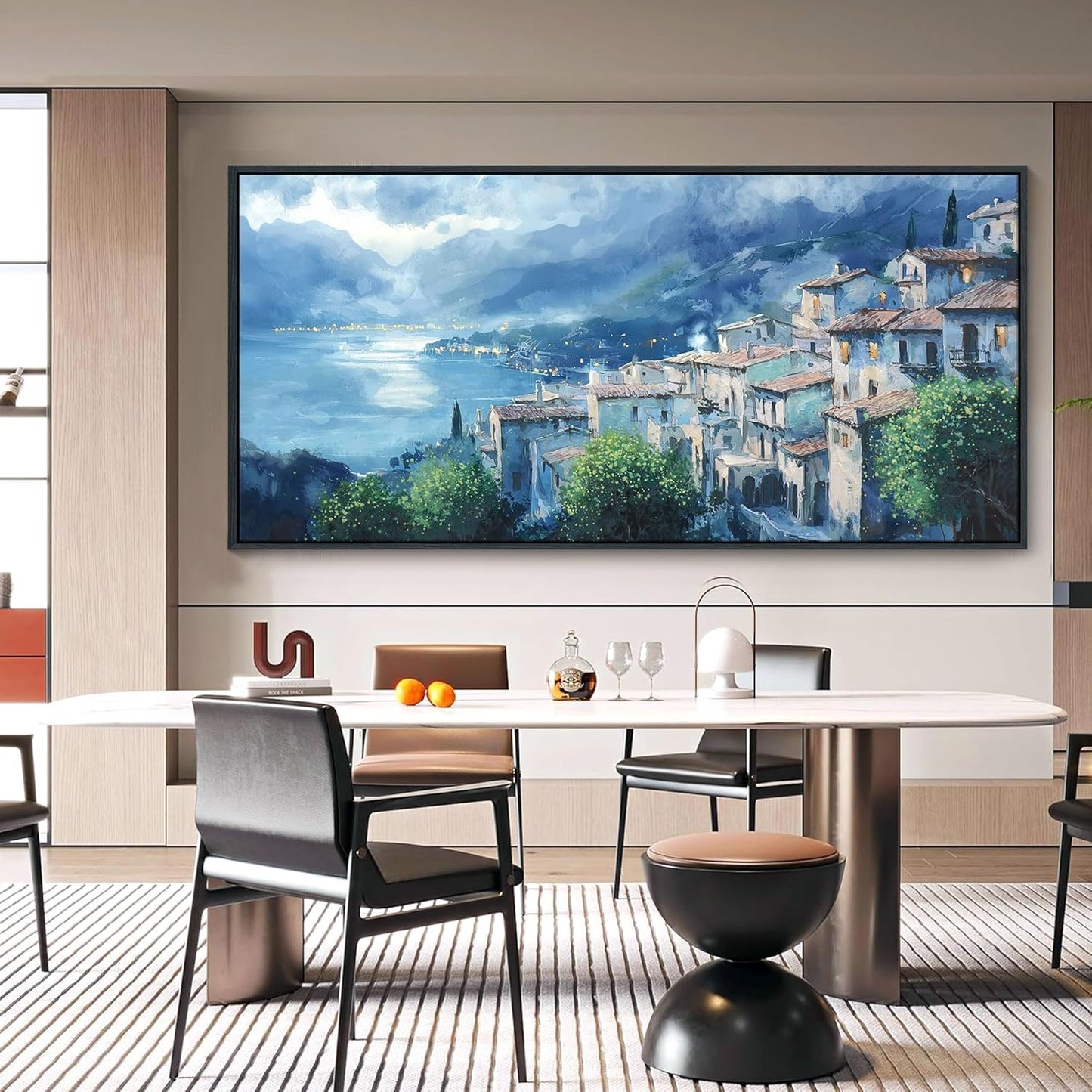 JEAWA Large Framed Canvas Painting - Landscape Wall Decor Ready to Hang, Gray Blue Town Picture, Lights of Thousands homes Art Prints for Bedroom Living Room Home Decoration, 29x58 IN