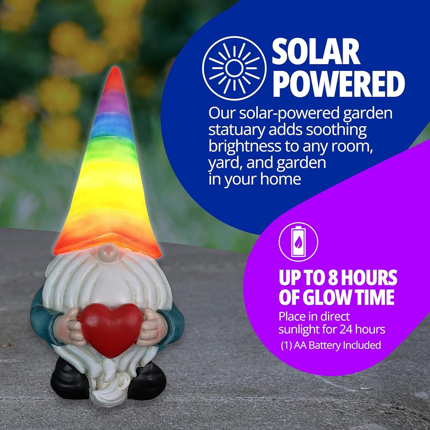 Exhart Garden Gnome, Solar Garden Gnome Statue with Heart, LED Rainbow Hat, Cute Outdoor Garden Decoration, 6 x 12.5 Inch, Multicolor, Resin