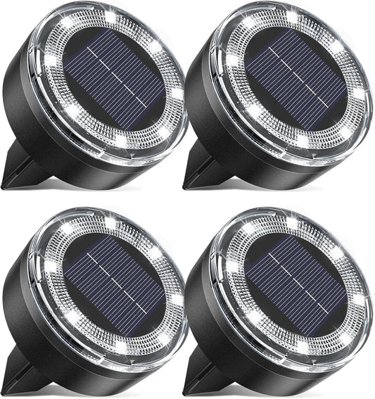 Mini Outdoor Solar Lights，4 Pqck Solar Garden Lights for Outside IP65 Waterproof, 8 LED Disc Landscape Lighting for Garden Yard Driveway Walkway Poolside Deck Lawn Patio,Cold White