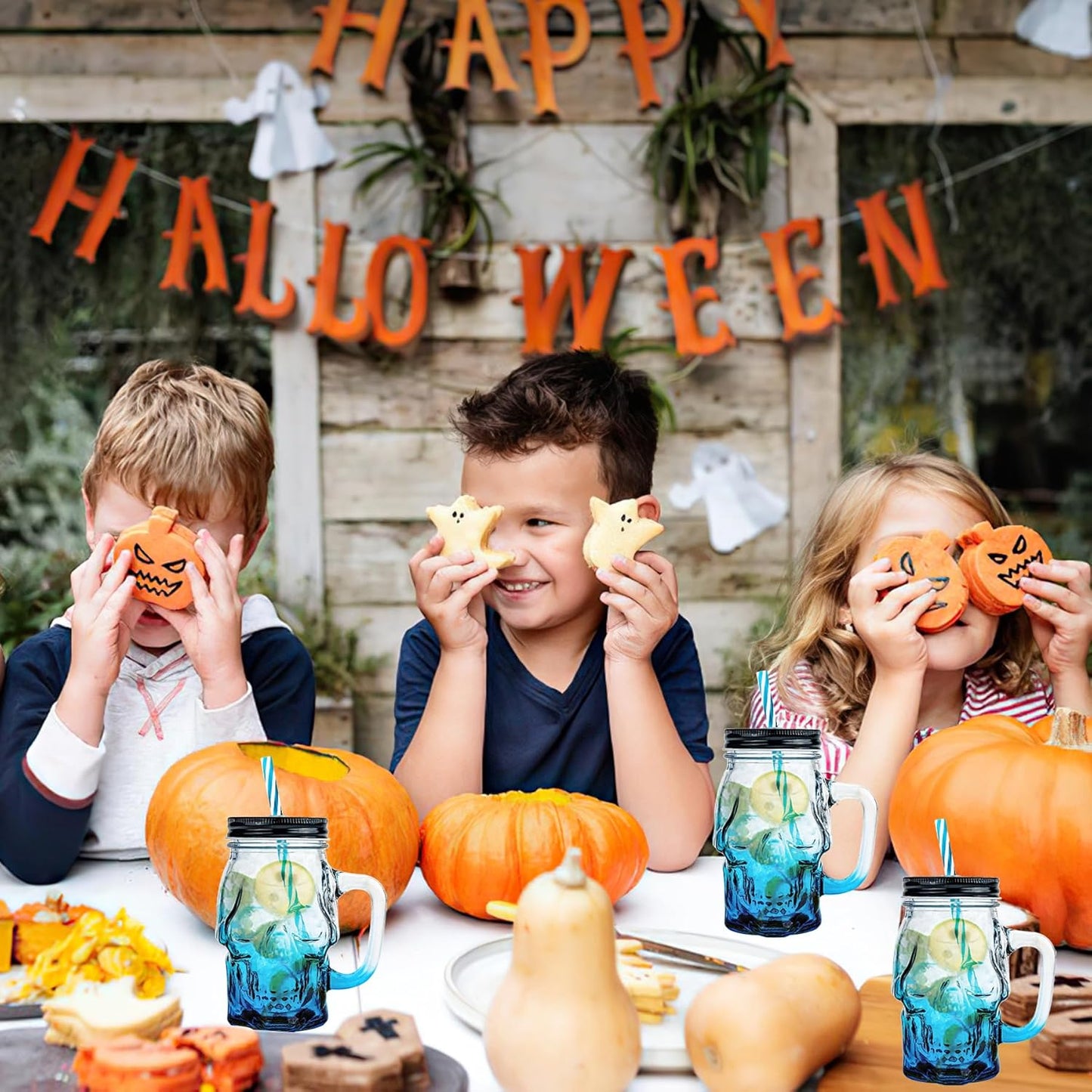Halloween Cups Set of 4 - Blue Skull Glass Drinking Jar with Lids and Straws - Halloween Decor, Drinking Glasses 16 oz